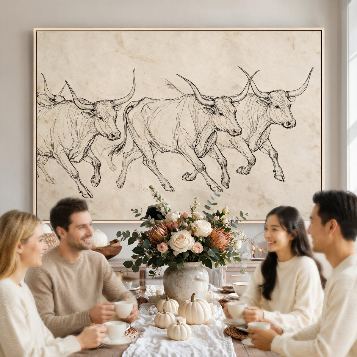 87177621-MGV-CV-36X24 - Minimalist Longhorn Line Art, Modern Texas Bull Canvas Print, Abstract Western Wall Decor, Continuous Line Artwork, Black White Ranch Gift