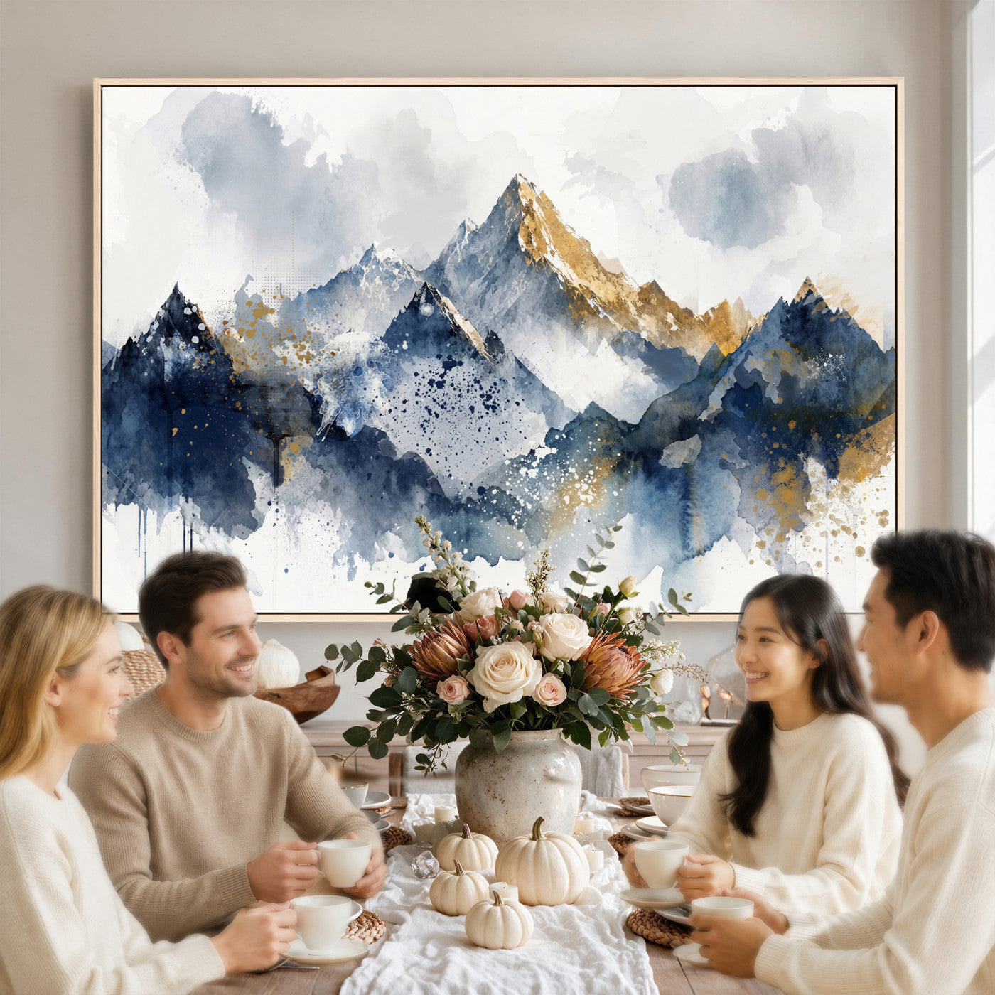 87460616-MGV-CV-36X24 - Abstract Mountain Canvas Wall Art, Blue Gold Foil Landscape Print, Modern Indigo Watercolor Poster, Large Abstract Nature, Luxury Office Gift