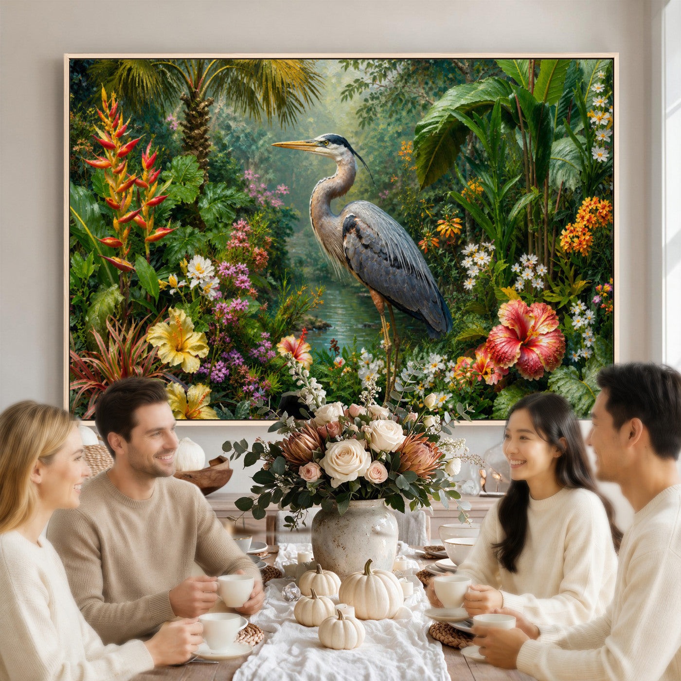 81059387-MGV-CV-36X24 - Great Blue Heron Tropical Jungle Wall Art Canvas Print, Exotic Botanical Garden Painting Print
