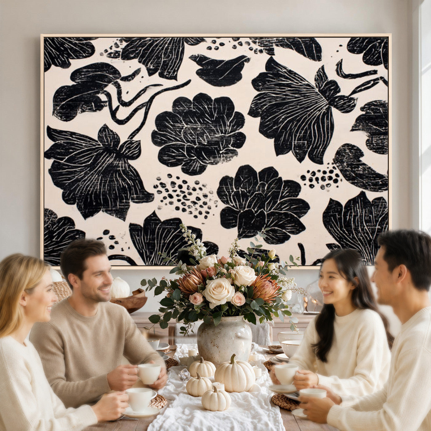 81787117-MGV-CV-36X24 - Linocut Black Lotus Floral Wall Art Canvas Print, Vintage Monochrome Botanical Painting Print