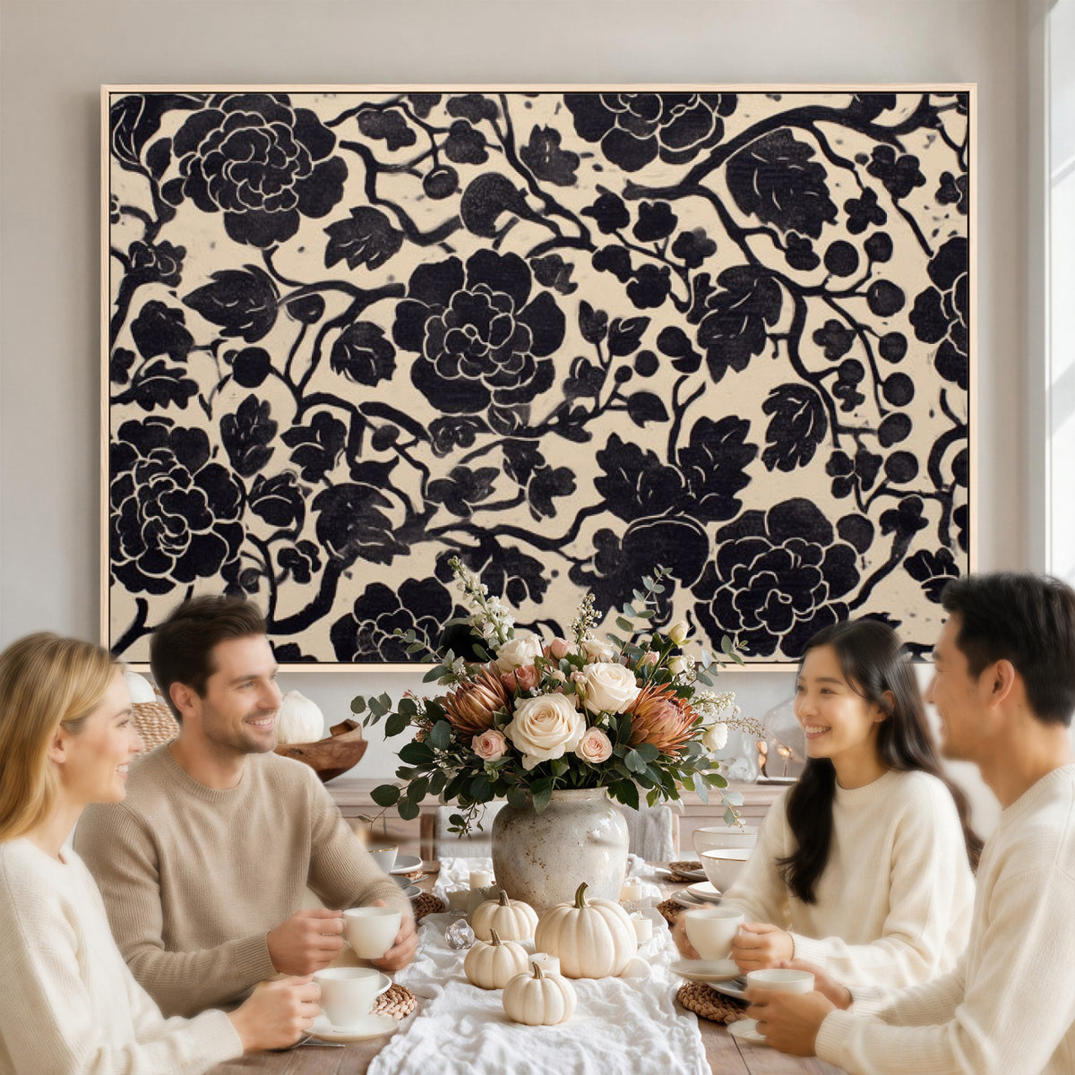 86696255-MGV-CV-36X24 - Vintage Black and Cream Floral Wall Art Canvas Print, Chinoiserie Botanical Painting Print