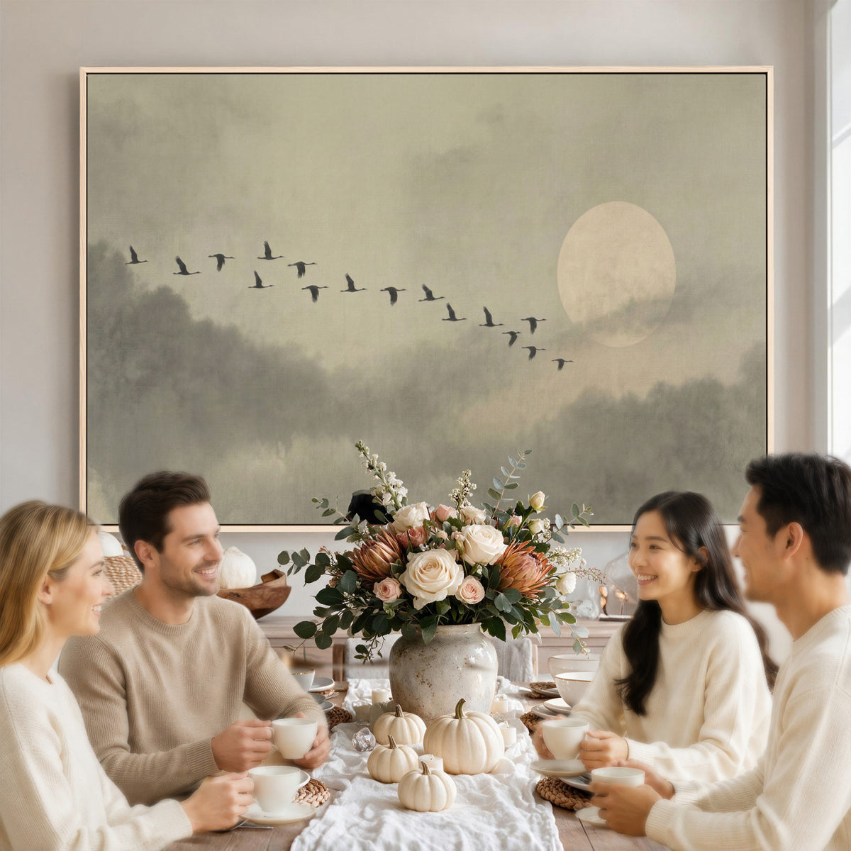 1209814B-MGV-CV-36X24 - Flying Cranes Canvas Wall Art, Misty Landscape with Moon, Sage Green Japandi Decor, Framed Print