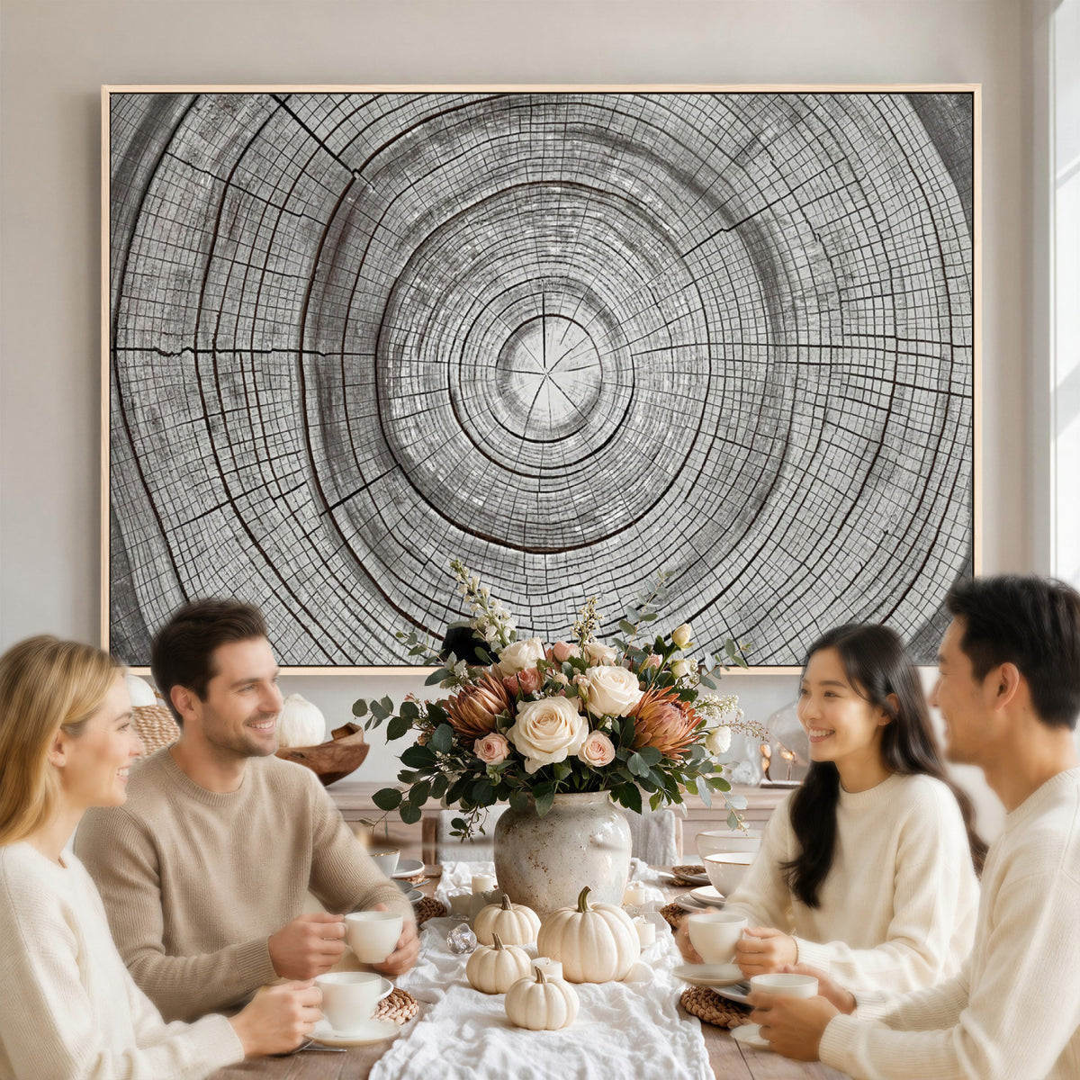 62842388-MGV-CV-36X24 - Rustic Tree Ring Canvas Wall Art, Gray Wood Slice Abstract Nature Print
