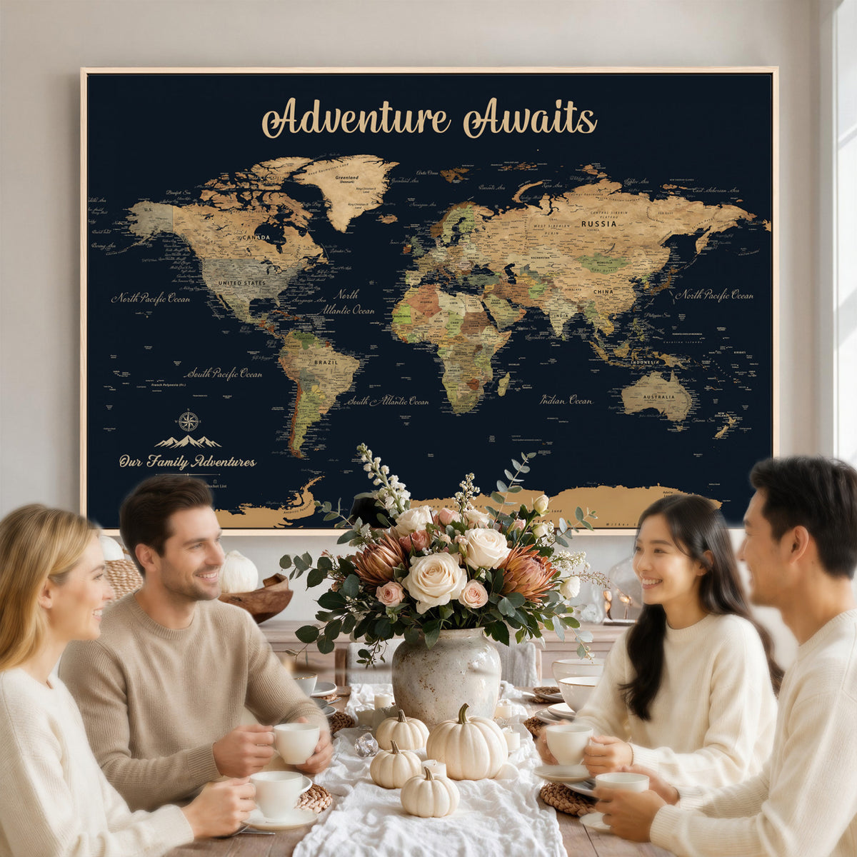88994085-MGV-CV-36X24 - Our Family Adventures Push Pin World Map Wall Art Canvas Print - Family Travel Tracker Map with Pins