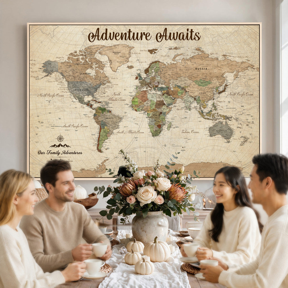 Family Vacation Tracker Canvas, Personalized World Map with Push Pins