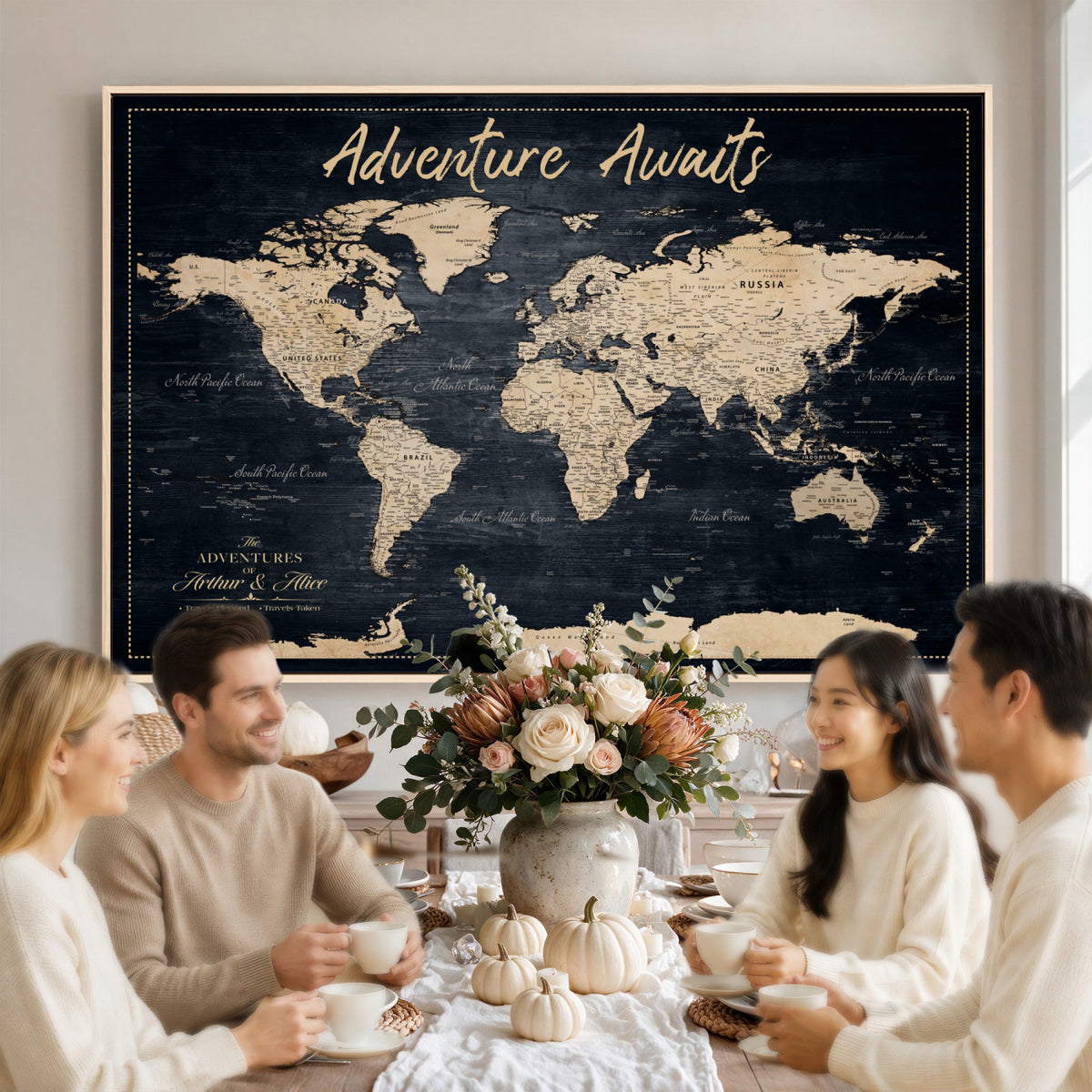 688173822-MGV-CV-36X24 - Extra Large Vintage Personalized Push Pin World Map Wall Art Canvas Print