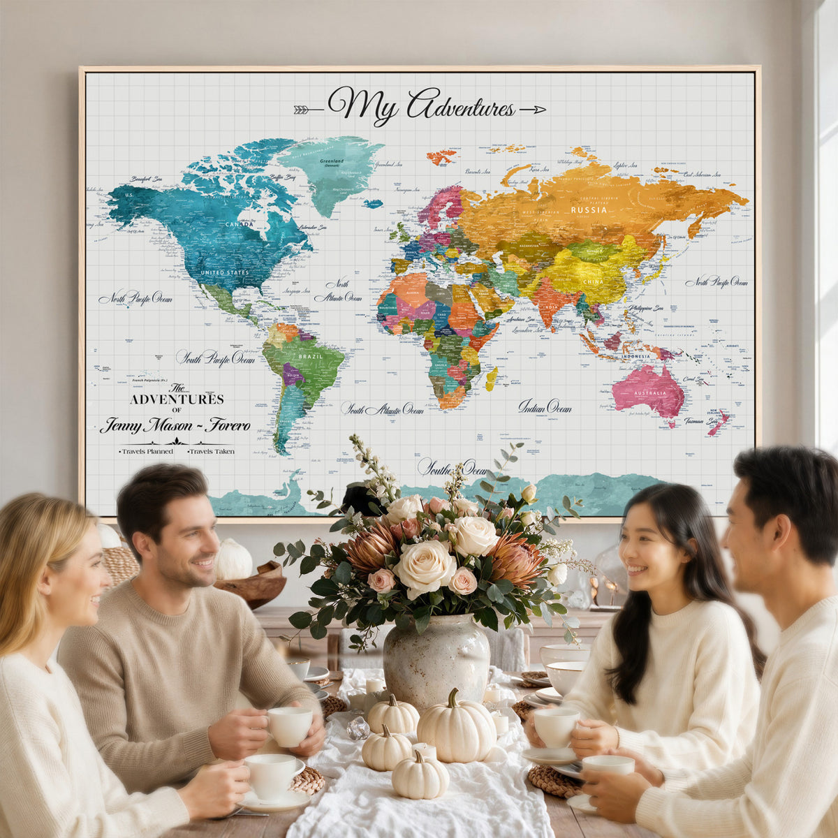 66743043-MGV-CV-36X24 - Extra Large Framed Personalize Push Pin World Map Wall Art Canvas Print for Travel Tracking