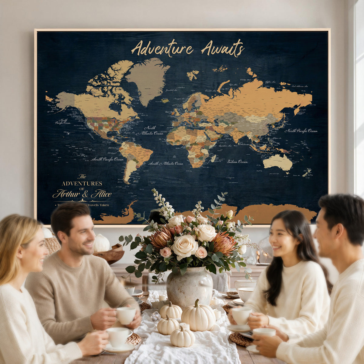 13350960-MGV-CV-36X24 - Extra Large Framed Personalize Push Pin World Map Wall Art Canvas Print for Travel Tracking