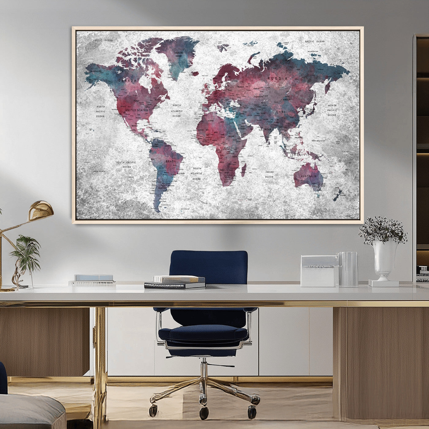 38212-MGV-CV-36X24-Modern Red and Gray World Map Canvas Print – Framed Push Pin Wall Art for Couples, Contemporary Travel Map Artwork for Home and Office Decor
