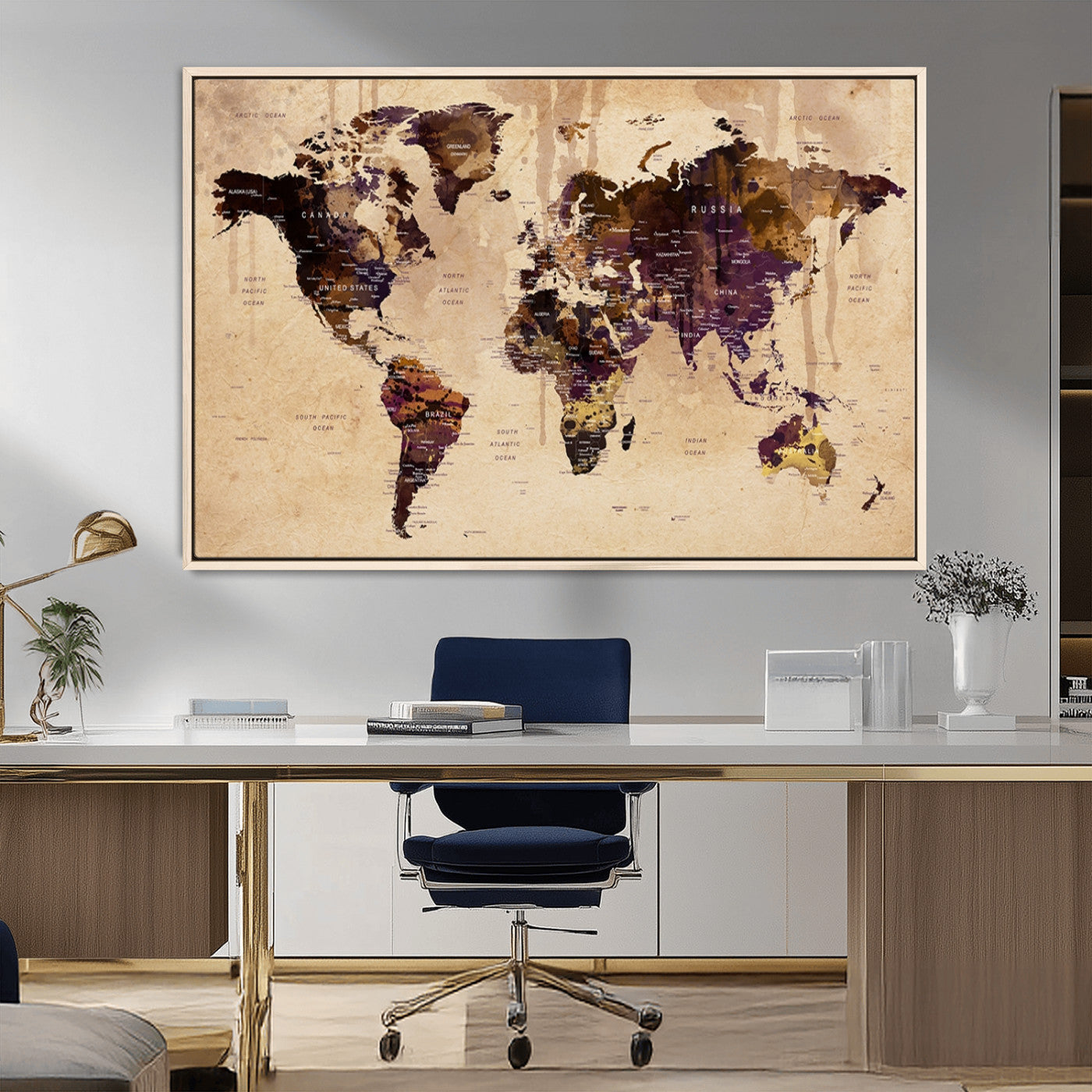 -Vintage World Map Canvas Wall Art – Framed Push Pin Travel Map for Home and Office Decor
