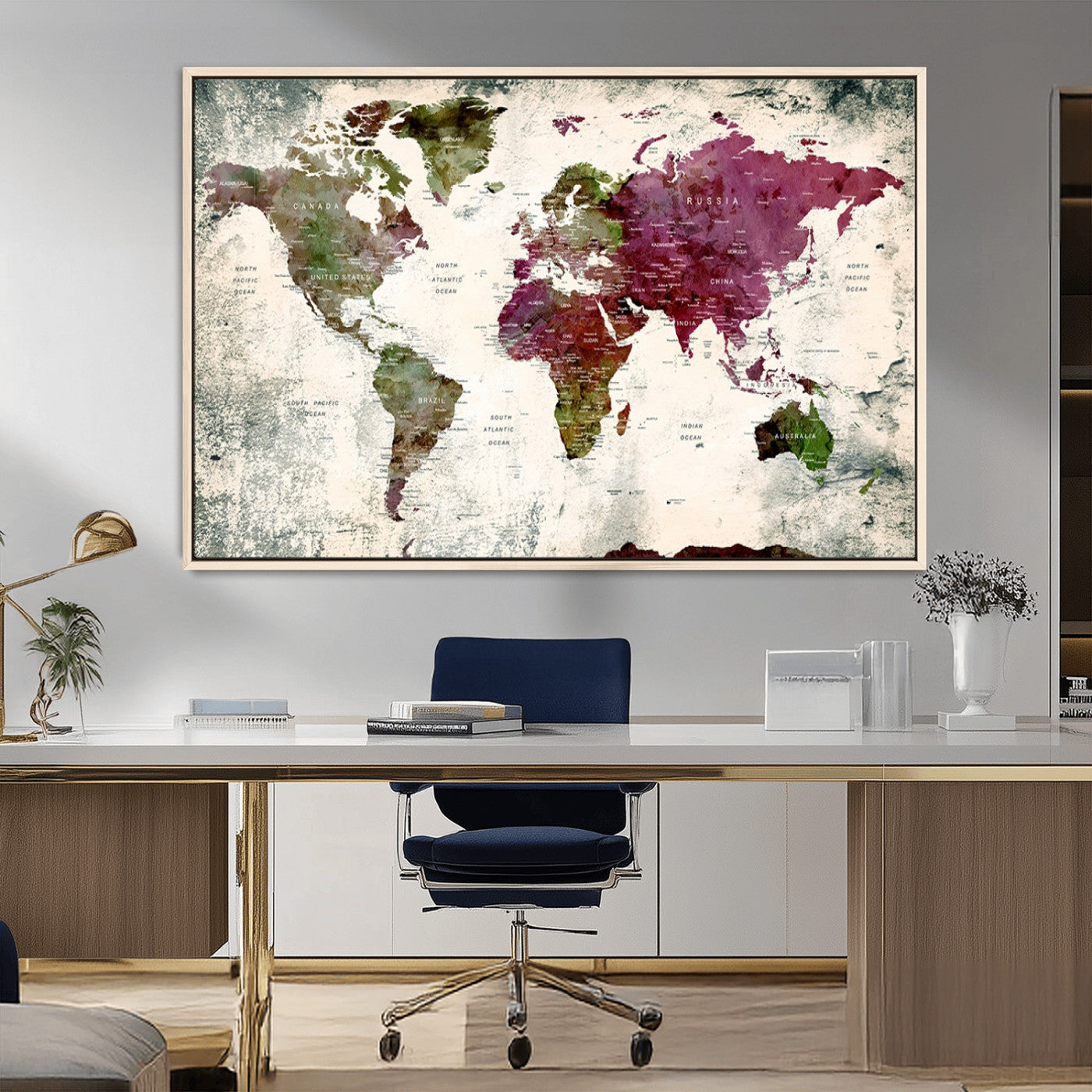 -Vintage Watercolor Push Pin World Map Canvas – Framed Travel Wall Art for Home and Office Decor