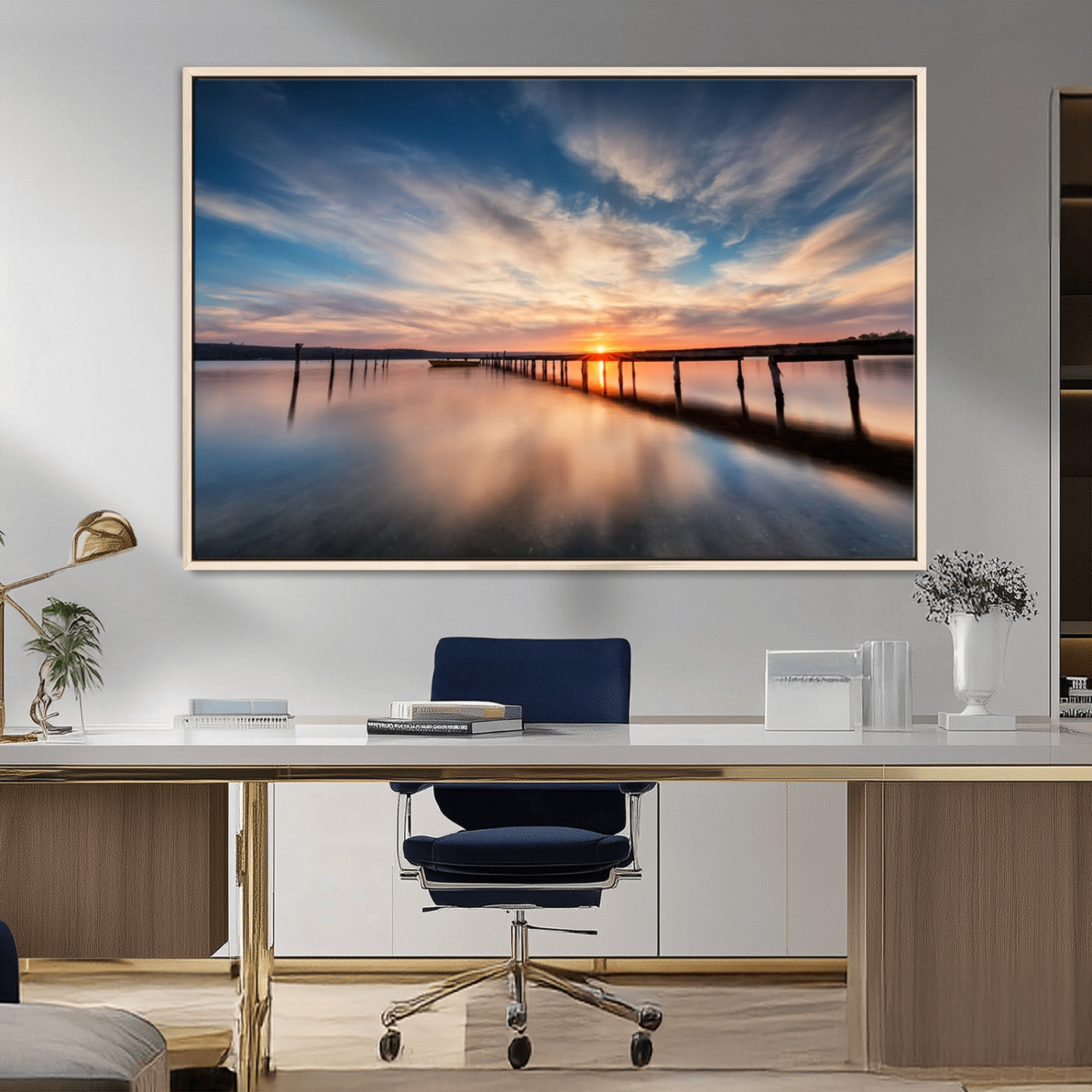 39967-MGV-CV-36X24-Wooden Pier on Seascape and Sunset Wall Art Canvas Print