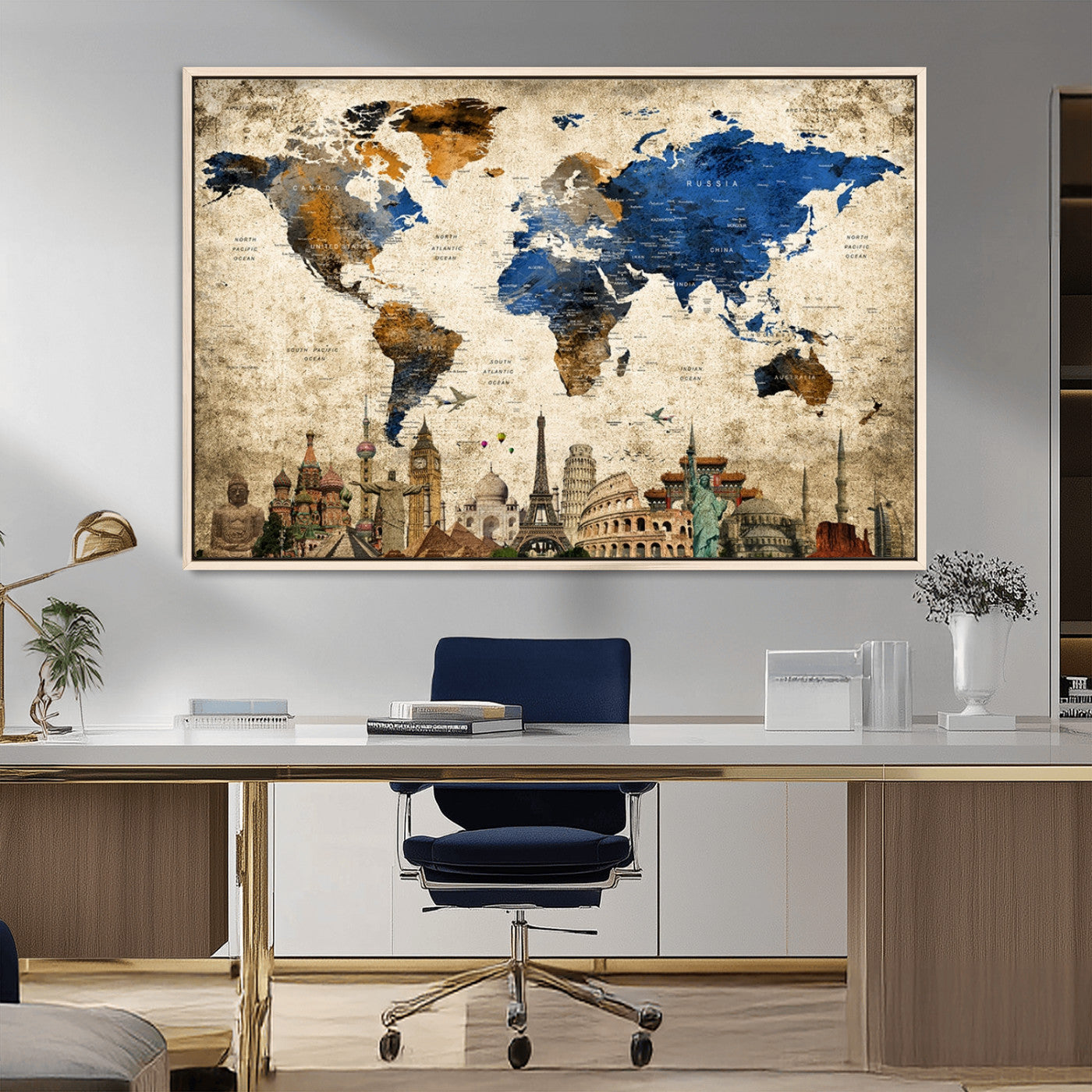 20261-MGV-FC-36X24_Natural-World Map Canvas Print – Vintage Blue and Gold World Map Wall Art, Framed Travel Inspired Decor for Living Room or Office