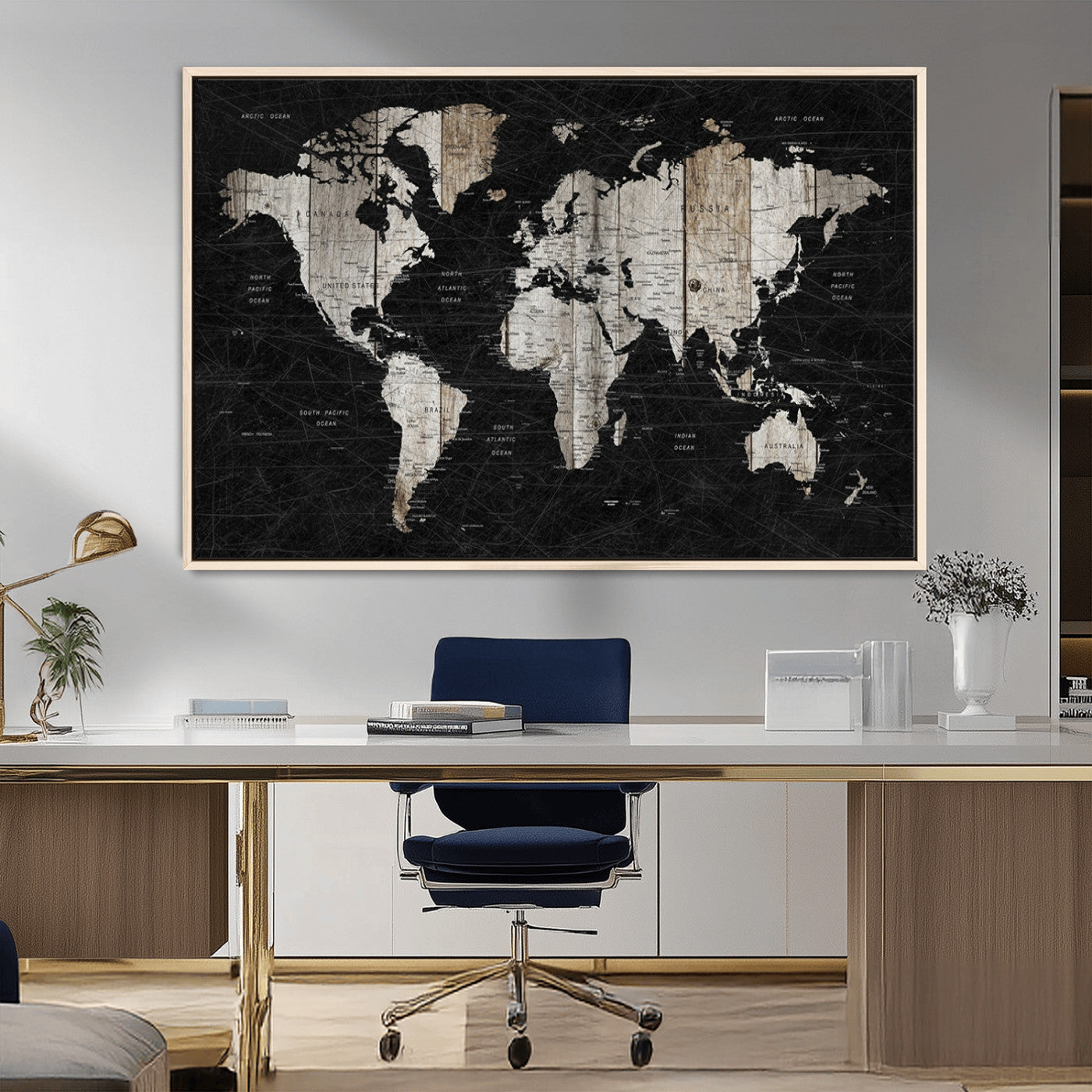 89998-MGV-CV-36X24-Rustic Black and Wood World Map Canvas Wall Art – Framed Push Pin Travel Map for Home and Office Decor, Modern Vintage Wall Artwork