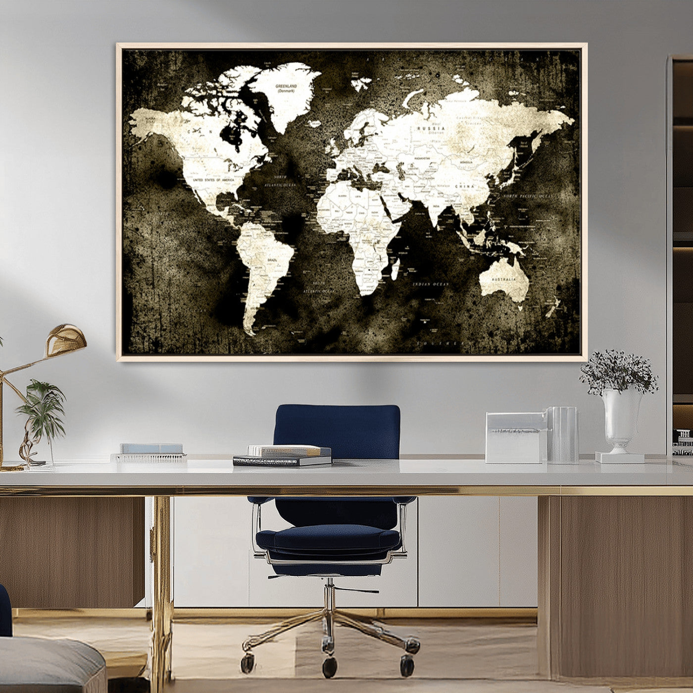 66737-MGV-CV-36X24-Vintage World Map Canvas Wall Art – Framed Push Pin Travel Map for Home and Office Decor, Rustic Wall Artwork for Travelers