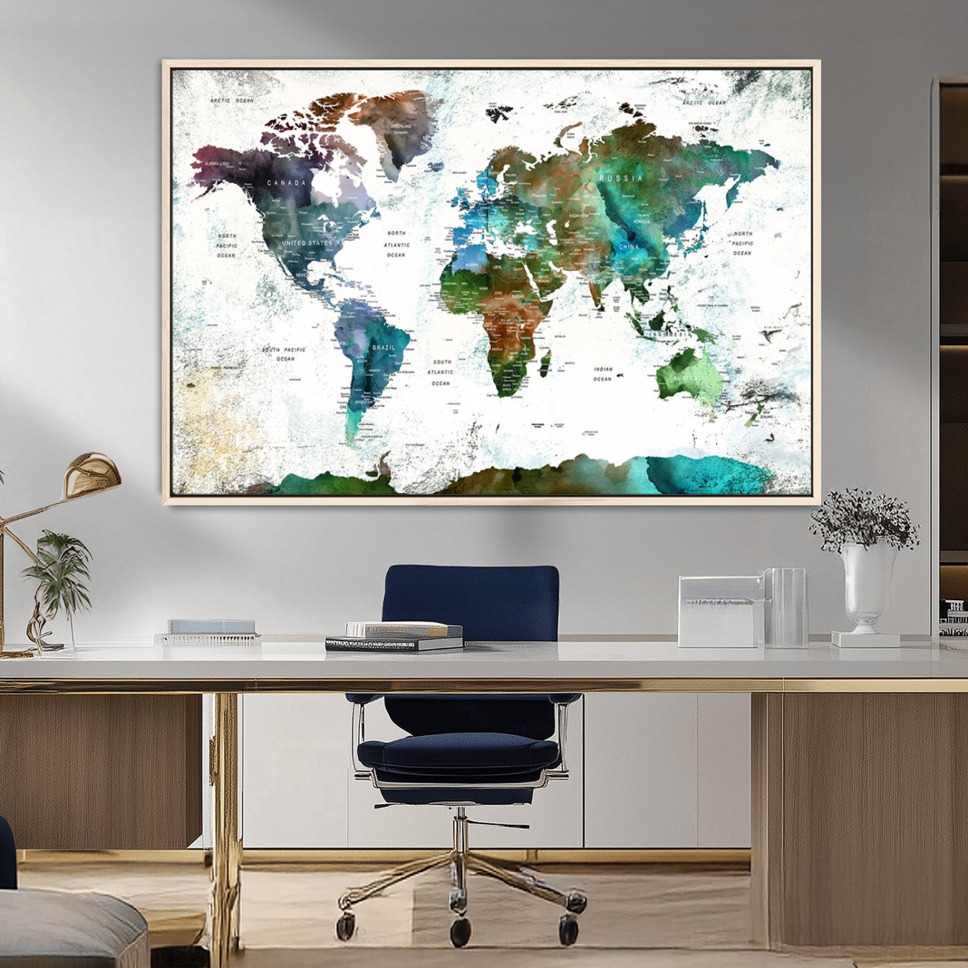 -Modern Watercolor World Map Canvas Wall Art – Framed Abstract Map Print, Contemporary Travel Artwork for Elegant Home and Office Decor