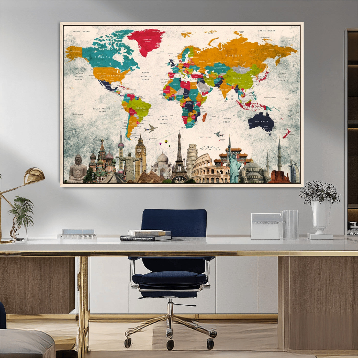 98056-MGV-CV-36X24-Colorful World Map Canvas Wall Art with Landmarks – Framed Travel Map Print for Home and Office Decor, Perfect Gift for Travel Lovers