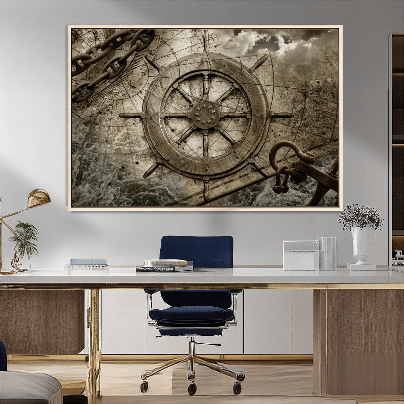 -Wooden Ship Wheel Canvas Print, Multi Panel Canvas Wall Art Print