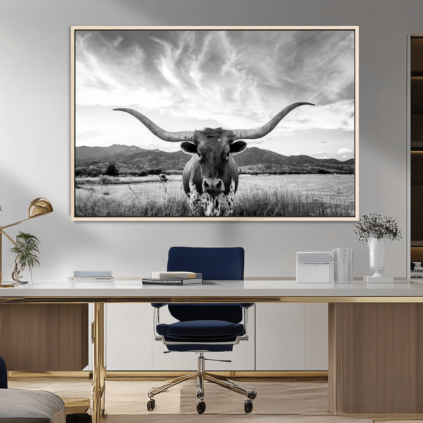 79527-MGV-CV-36X24-Longhorn Black and White Wall Art – Rustic Western Bull Canvas Print, Farmhouse Country Decor for Living Room, Office or Ranch, Cowboy Wall Artwork