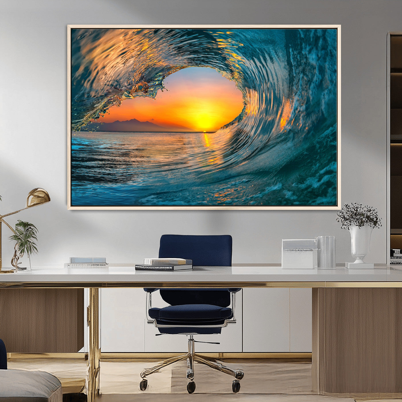 84279-MGV-CV-36X24-Ocean Wave Sunset Wall Art | Large Coastal Wave Canvas Print | 3-Panel Ocean Sunset Seascape for