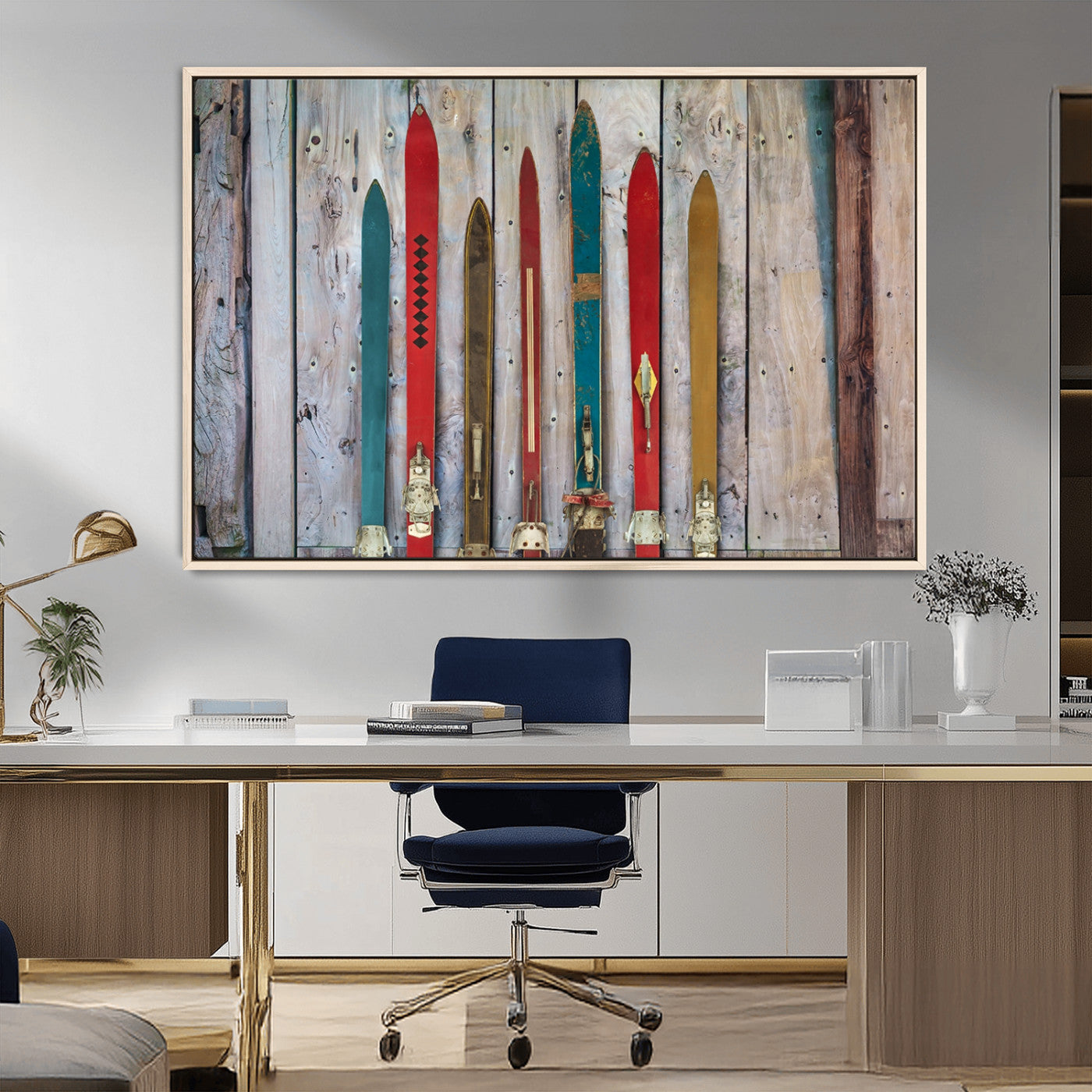 -Vintage Wooden Weathered Ski's in Front of an Old Barn Wall Art Canvas Print for Farmhouse, Cabin