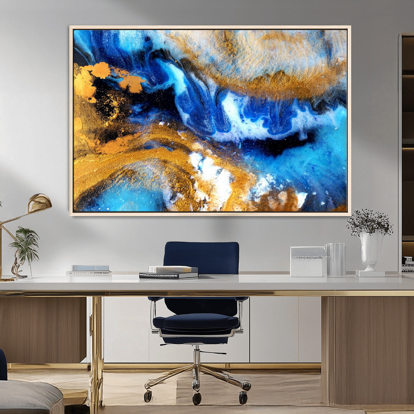 42100-MGV-CV-36X24-Blue Orange Marble Fluid Effect Canvas Wall Art Print
