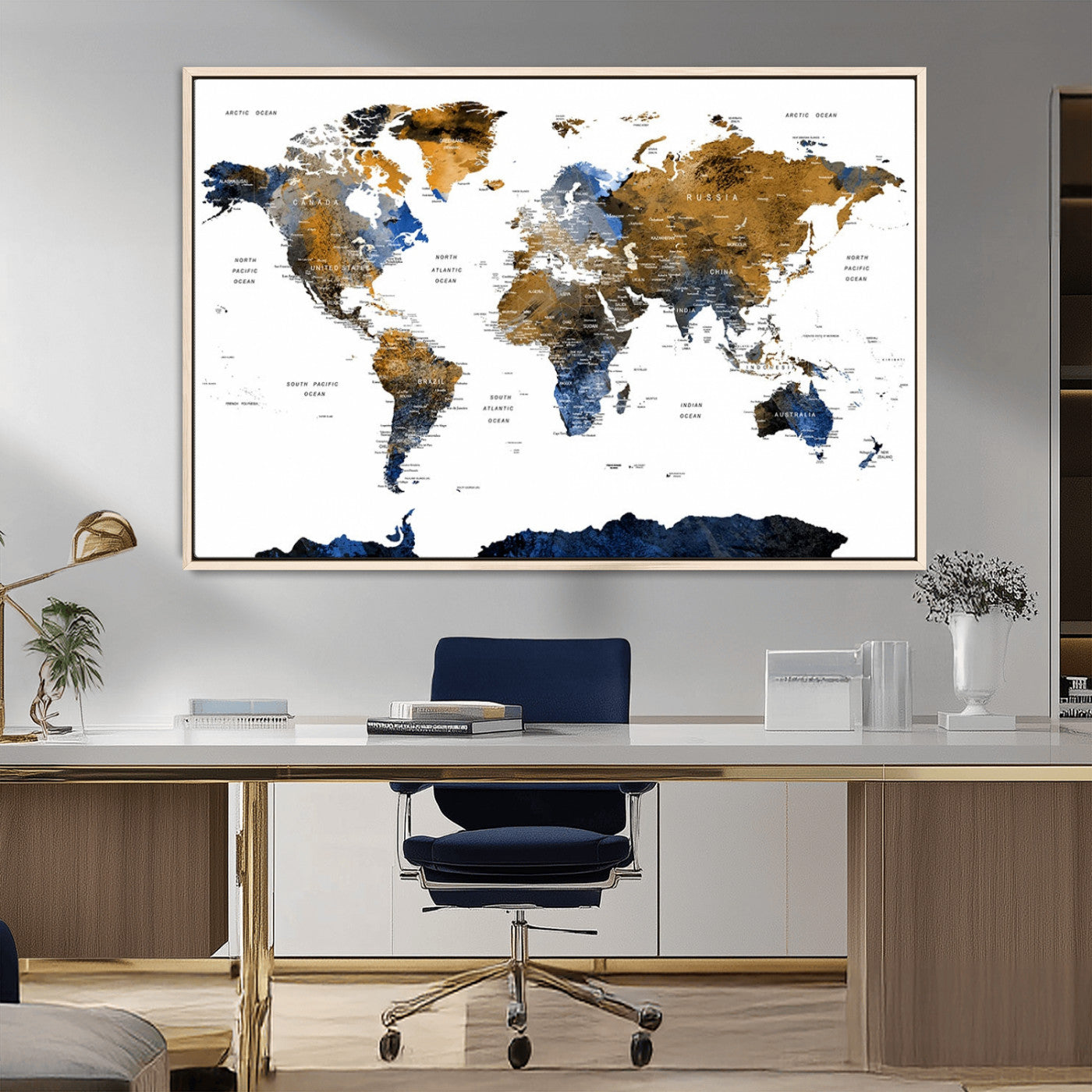 32677-MGV-CV-36X24-Modern Abstract World Map Canvas Wall Art – Framed Blue and Gold Map Print, Elegant Contemporary Travel Decor for Home and Office Walls