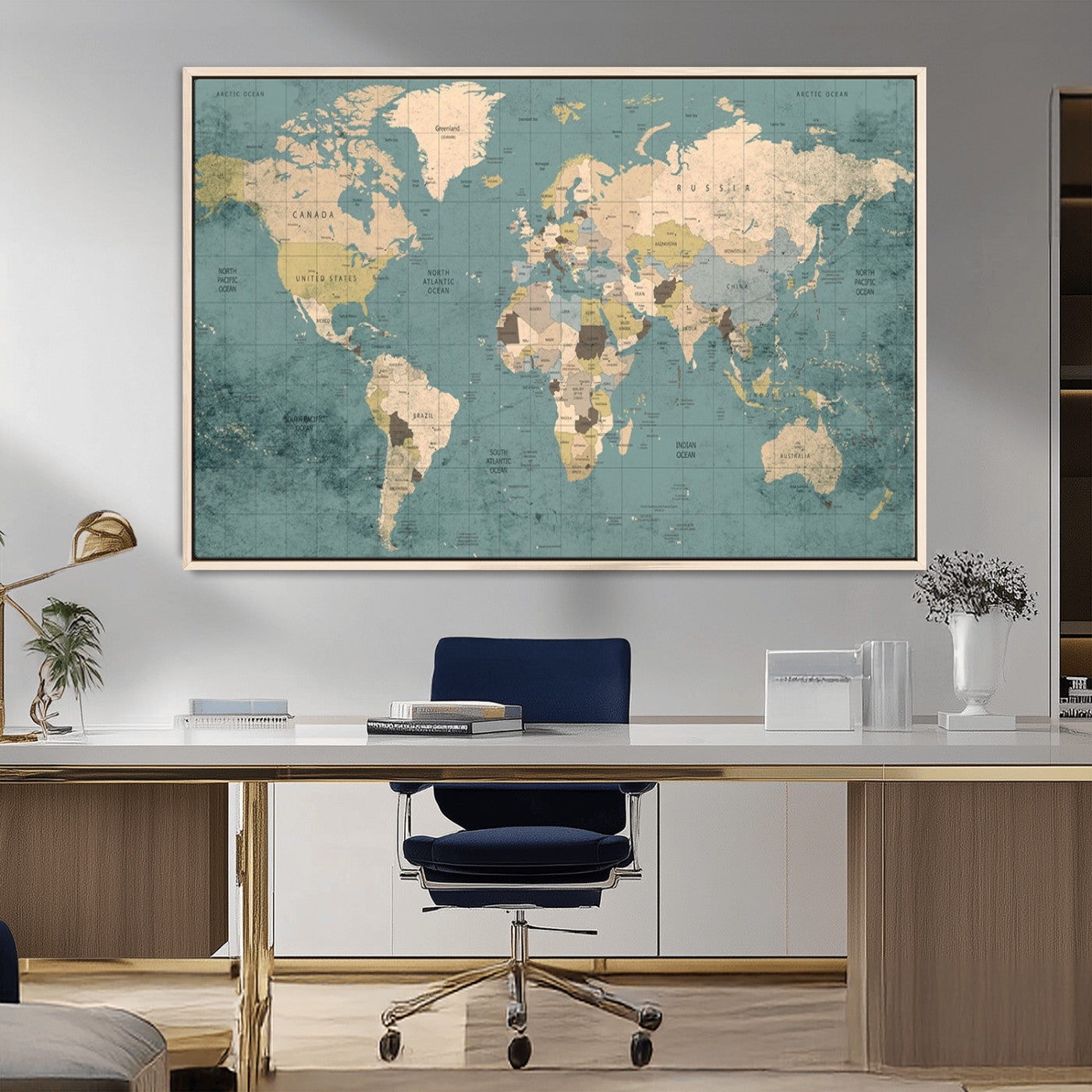 54872-MGV-FC-36X24_Natural-Classic World Map Canvas Print – Framed Vintage Map Wall Art, Retro Atlas Design for Rustic Explorer or Study Room Decor
