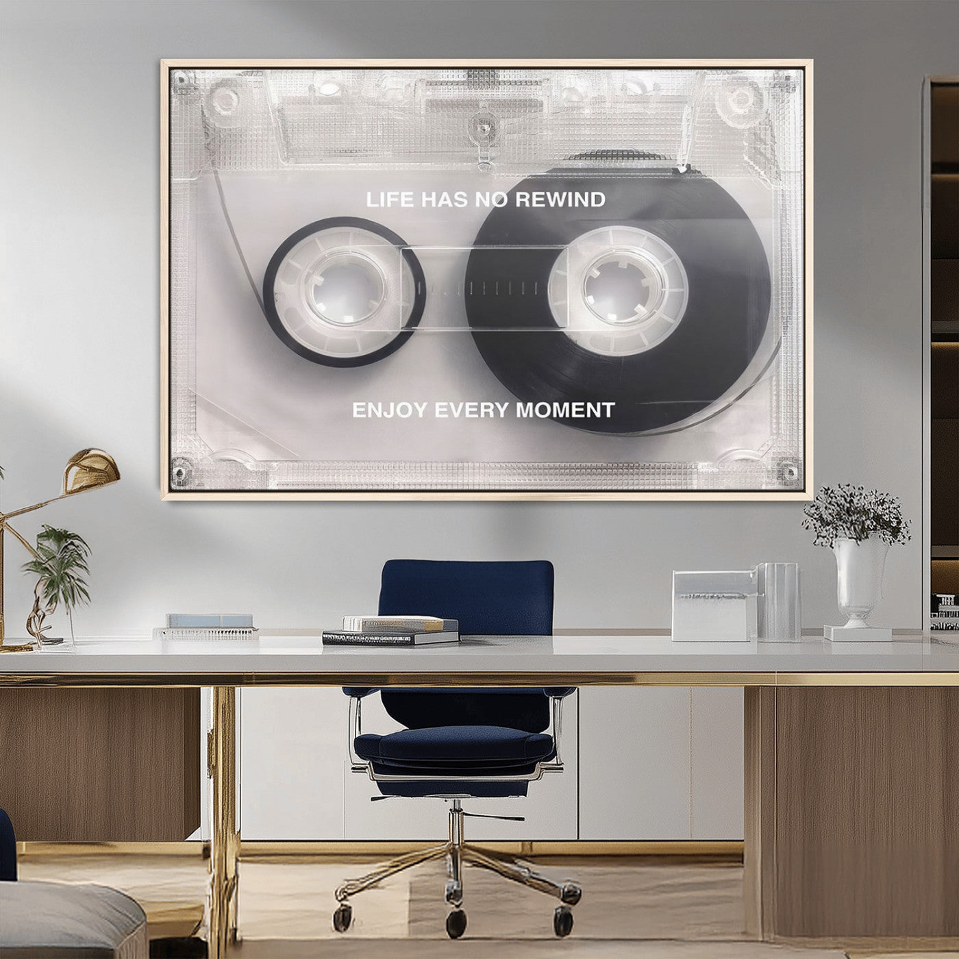 -Vintage Cassette Tape Canvas Wall Art - Inspirational 'Life Has No Rewind' Quote, Retro Music Decor