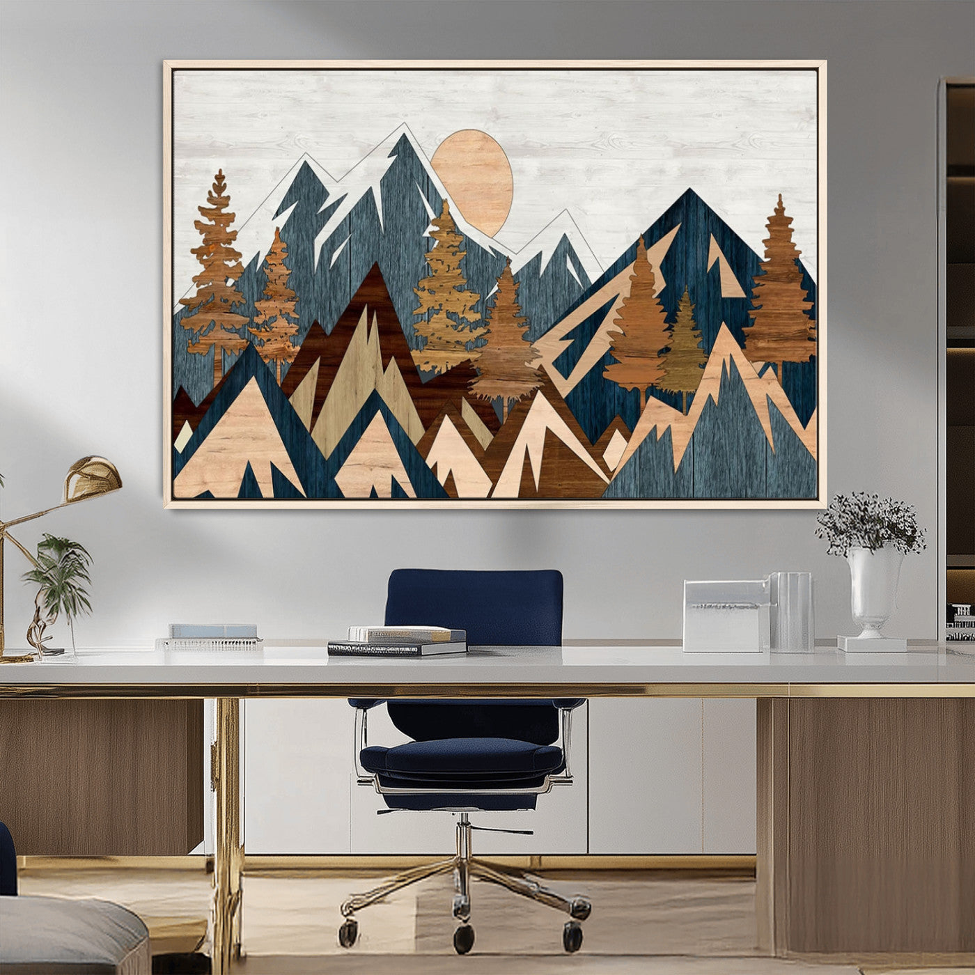91467-MGV-CV-36X24-Abstract Wood Panel Effect Mountain Range Top Wall Art Canvas Print