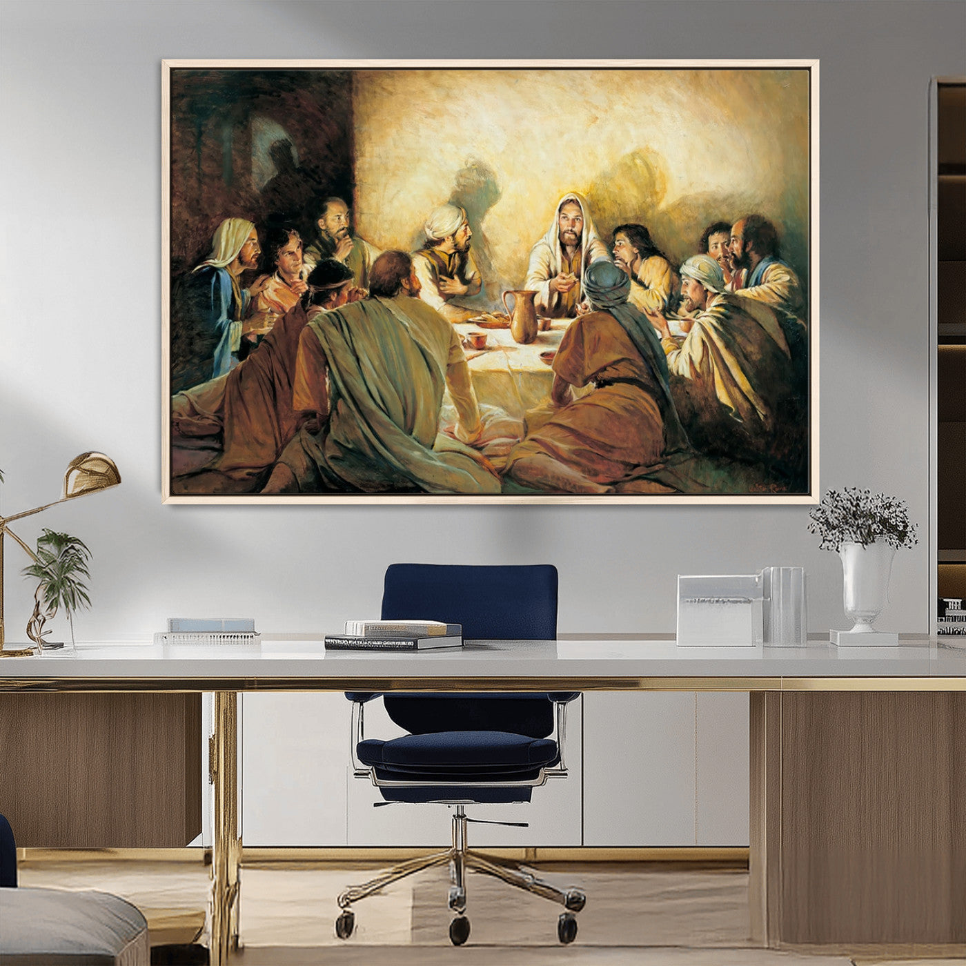 Framed canvas print of the Last Supper, depicting Jesus and his disciples, perfect for religious or Christian-themed home decor.