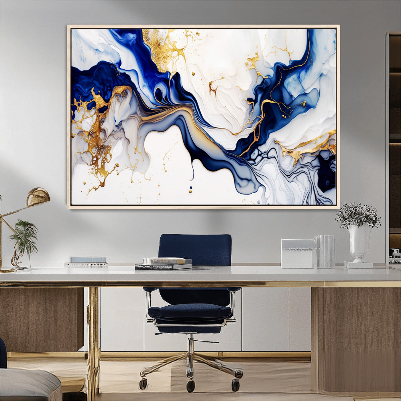 93392-MGV-FC-36X24_Natural-Golden Cascades on Midnight Blue – Deep Blue Abstract Wall Art Flowing Elegance | Wall Art Canvas,