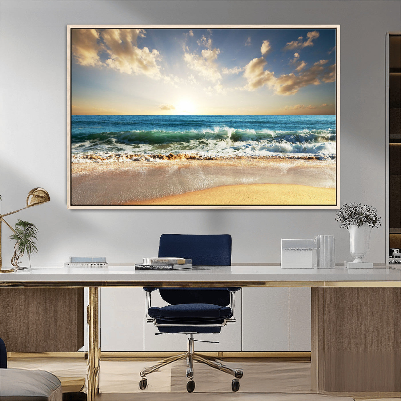 83376-MGV-FC-36X24_Natural-Golden Sunset Beach Triptych Canvas Wall Art for Living Room – 3-Panel Ocean View, Framed & Ready to