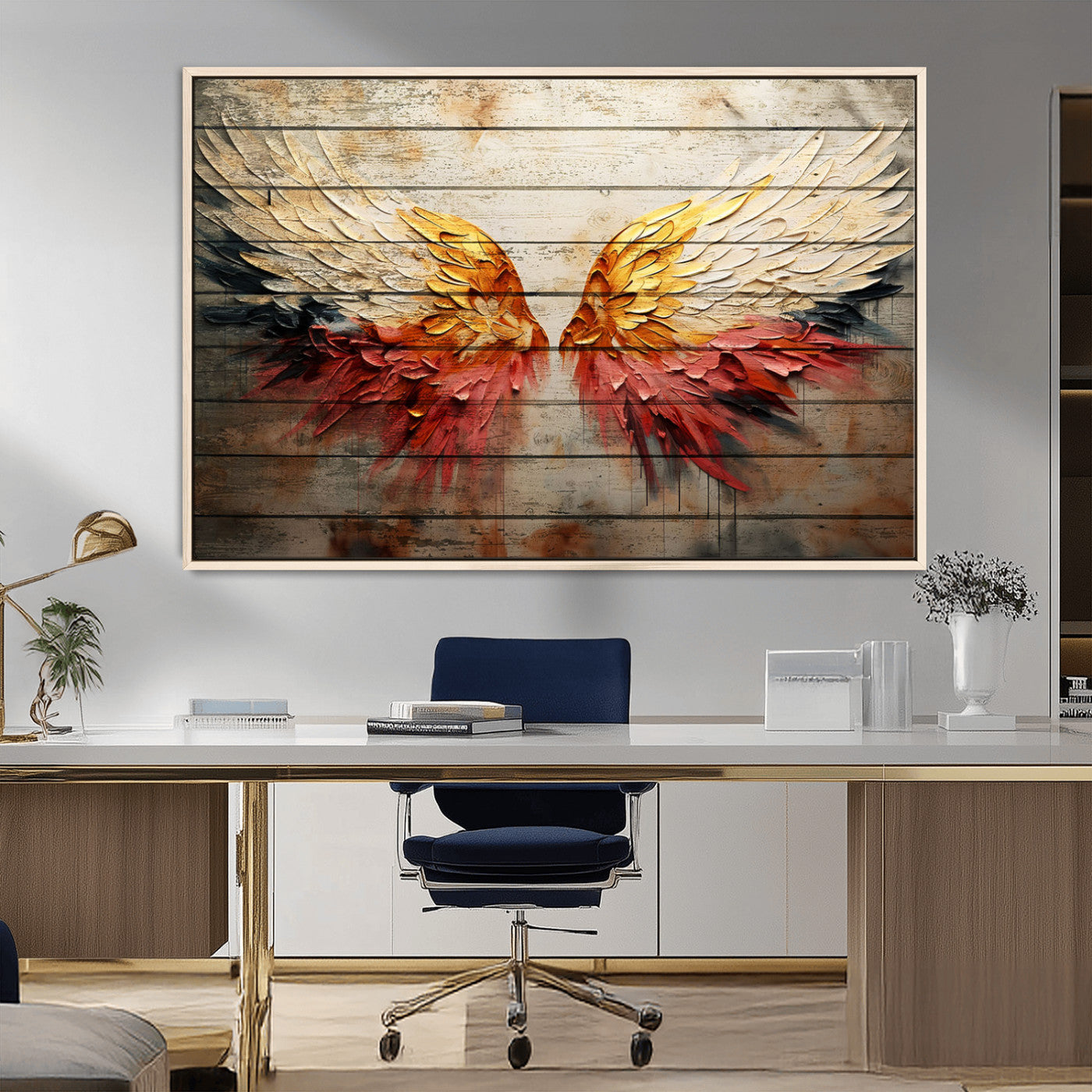 19244-MGV-FC-36X24_Natural-Abstract Angel Wings Canvas Wall Art – Framed and Ready to Hang Modern Angelic Wings Decor for