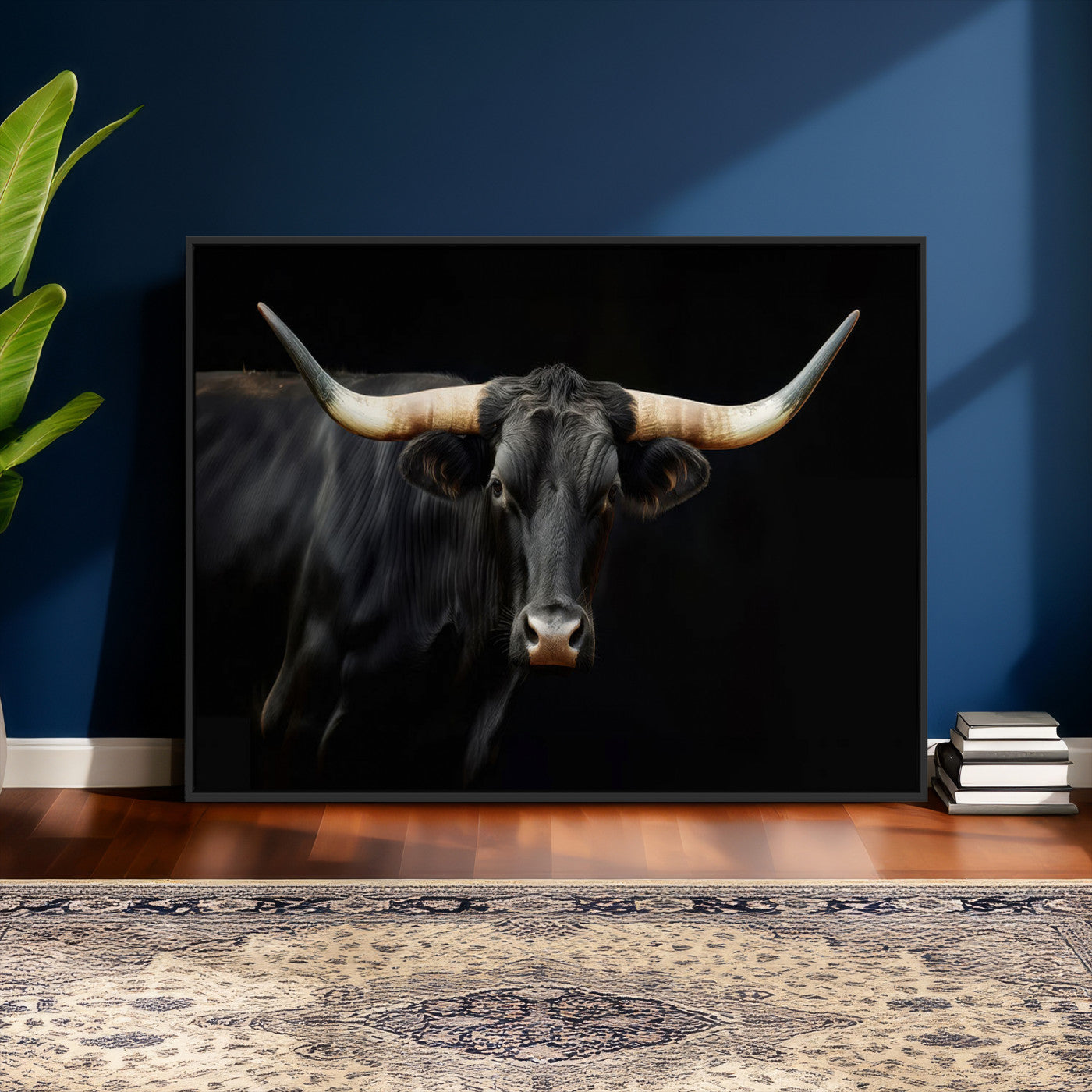 63798-MGV-CV-36X24 - Texas Longhorn Cow | Majestic Black Bull Wall Art Canvas Print - Farmhouse Animal Decor - Ready to