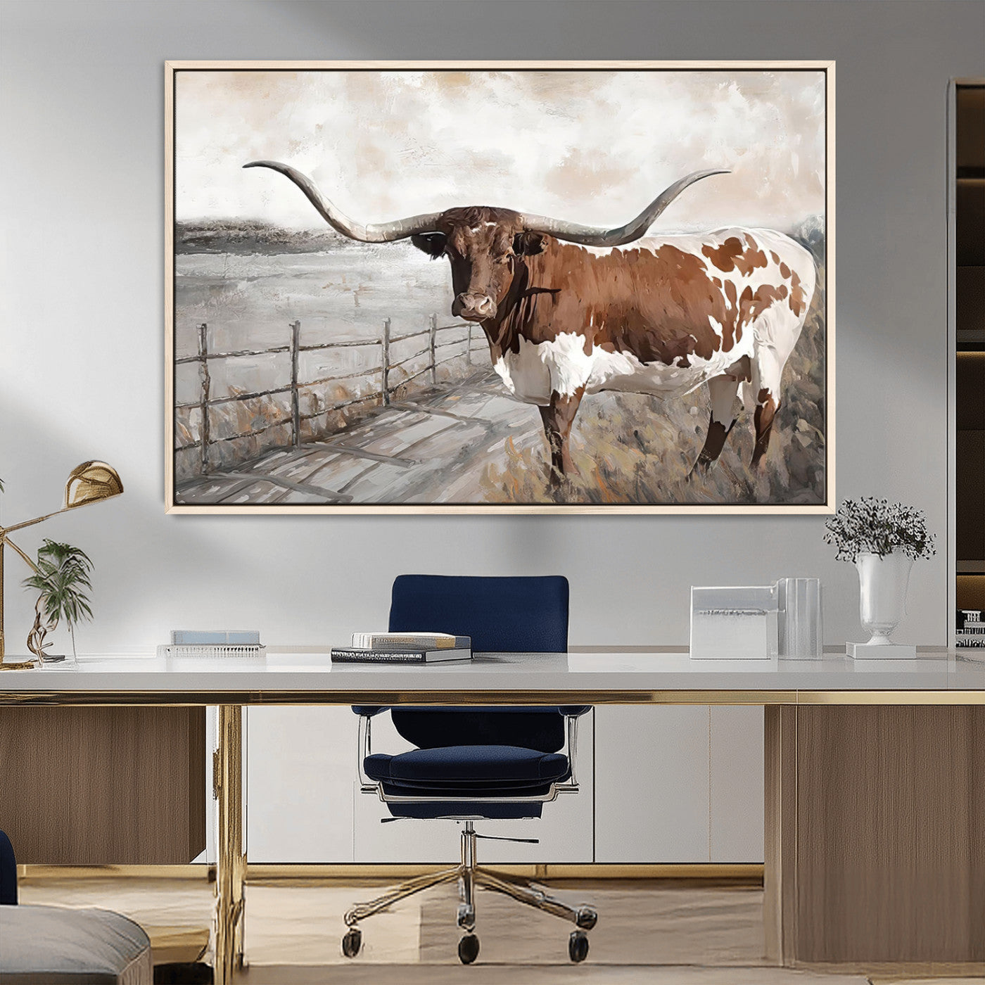 57340-MGV-FC-36X24_Natural-Vintage Texas Cow Wall Art Canvas Print, Rustic Longhorn Wall Art | Canvas Print for Farmhouse Decor
