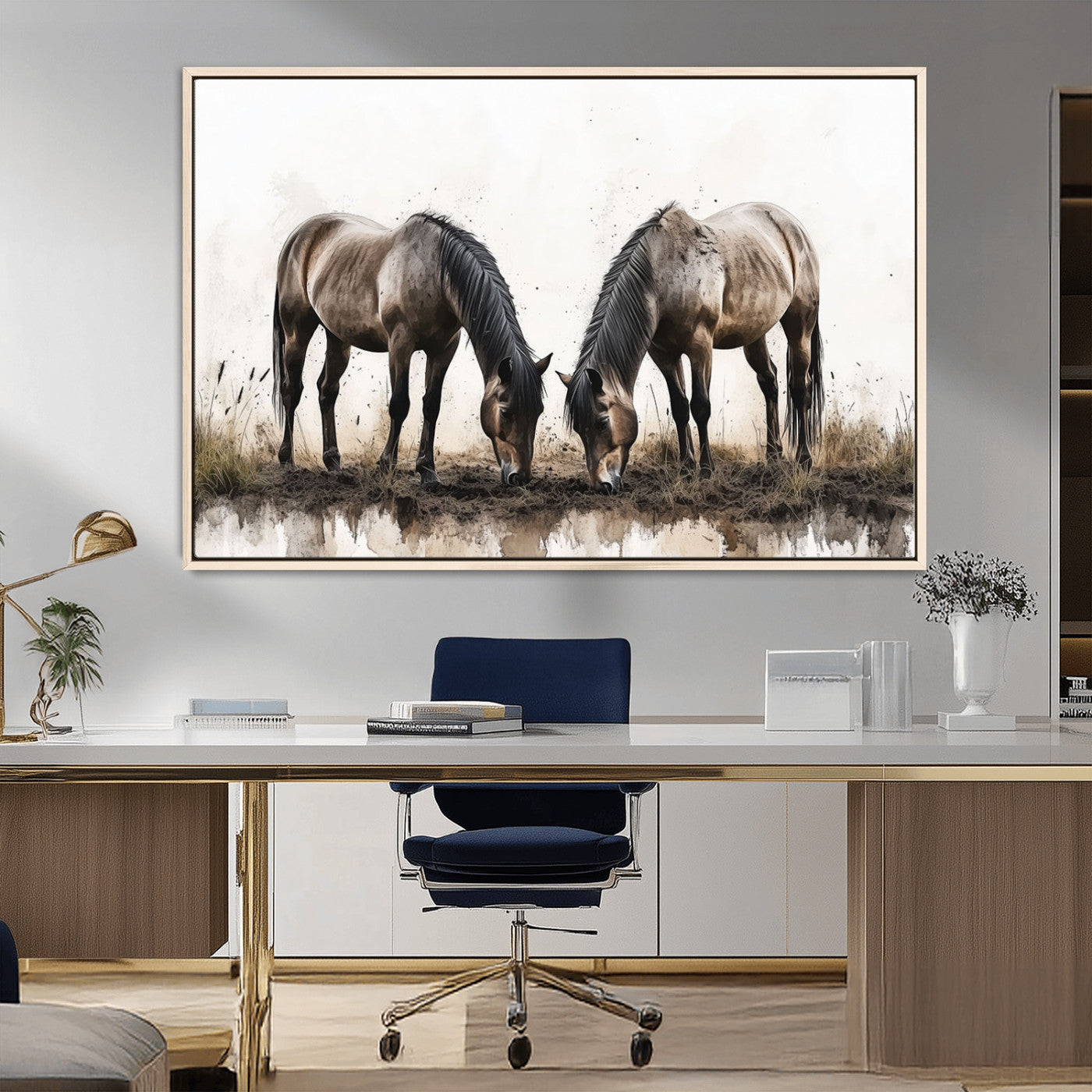 71729-MGV-FC-36X24_Natural-Chines Ink Style Horses Wall Art Canvas Print