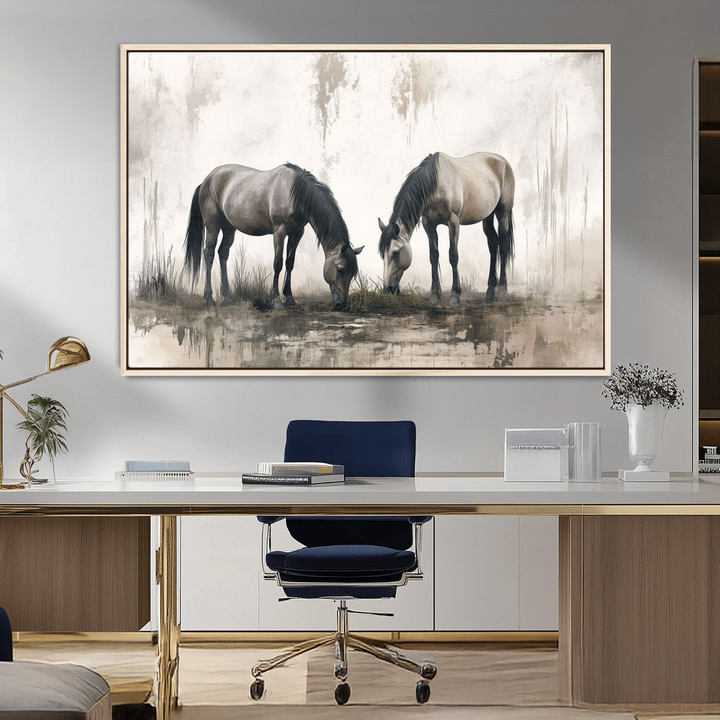 -Chines Ink Style Vintage Horses Wall Art Canvas Print for Farmhouse Wall Decor