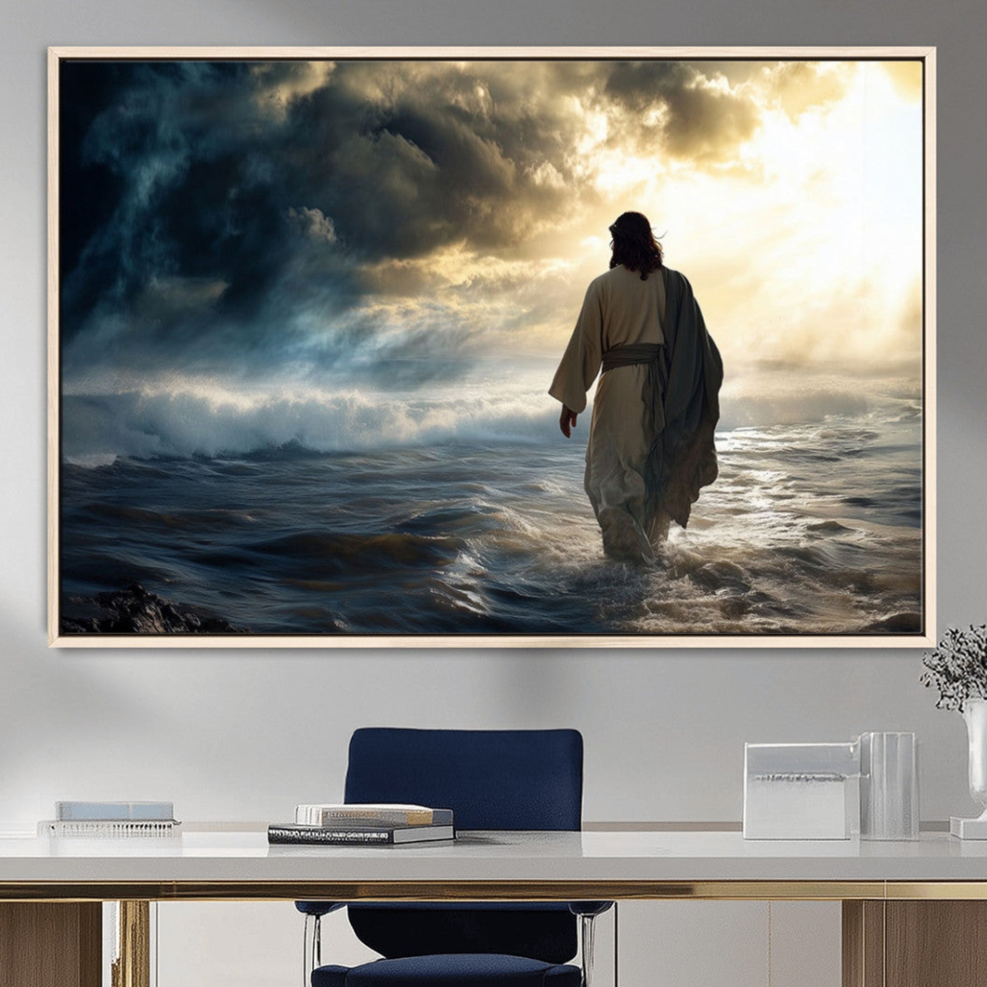 76524-MGV-CV-36X24-Jesus Walking Water Wall Art – Inspirational Christian Canvas Print, Faith Based Spiritual Artwork for Living Room, Prayer Space, or Church Decor