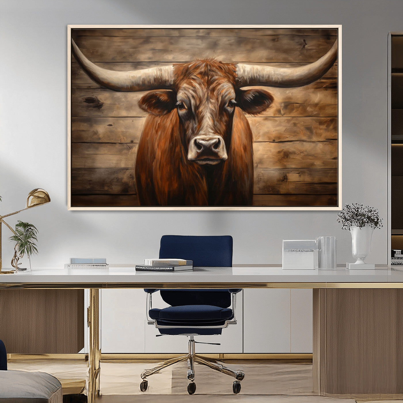 77556-MGV-FC-36X24_Natural-Longhorn Bull Wall Art | Canvas Print | Ready to Hang | Rustic Farmhouse Wall Decor | Western Barn