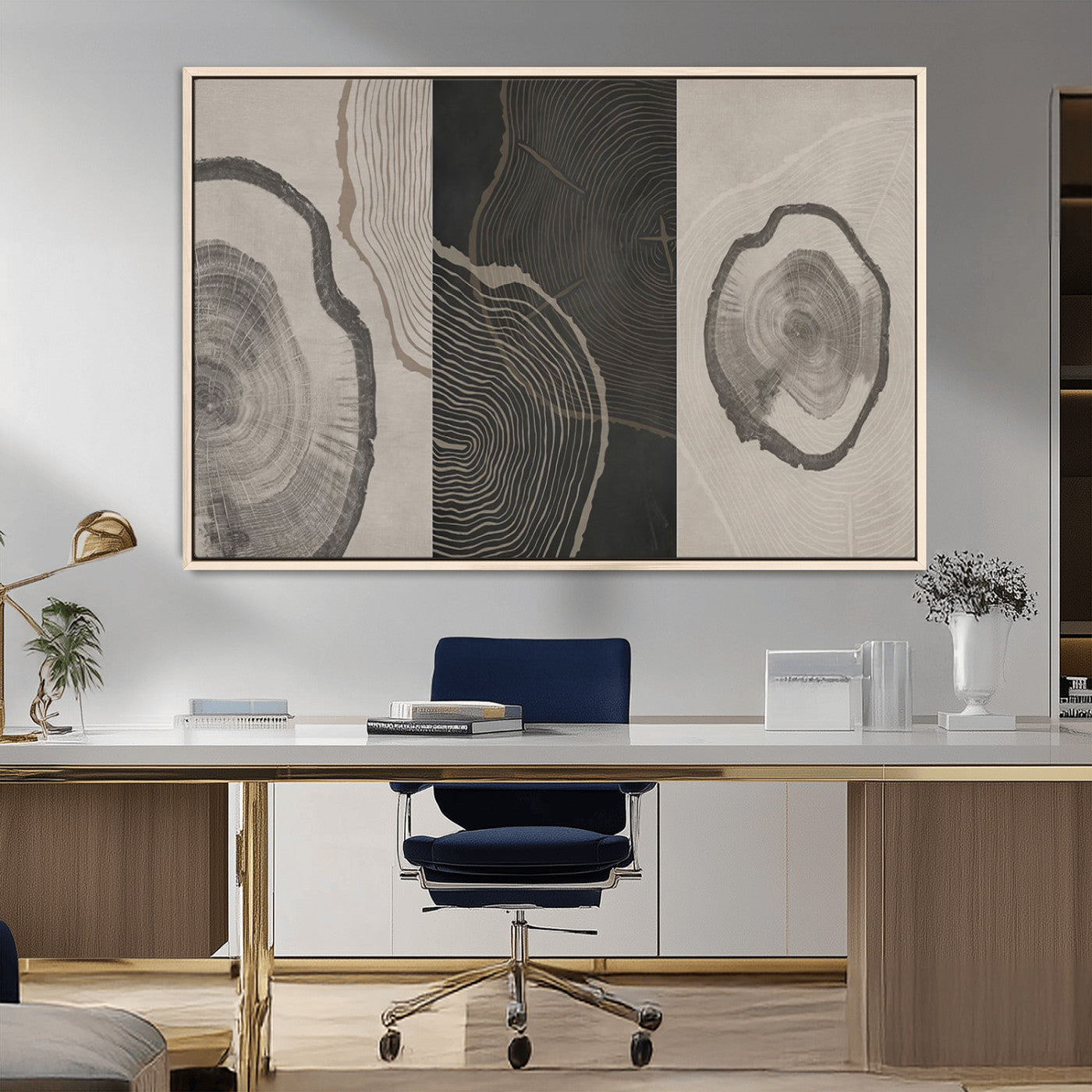 25407-MGV-FC-36X24_Natural-Modern Abstract Tree Ring Canvas Art Set | 3 Panel Large Tree Ring Design for Living Room, Office,