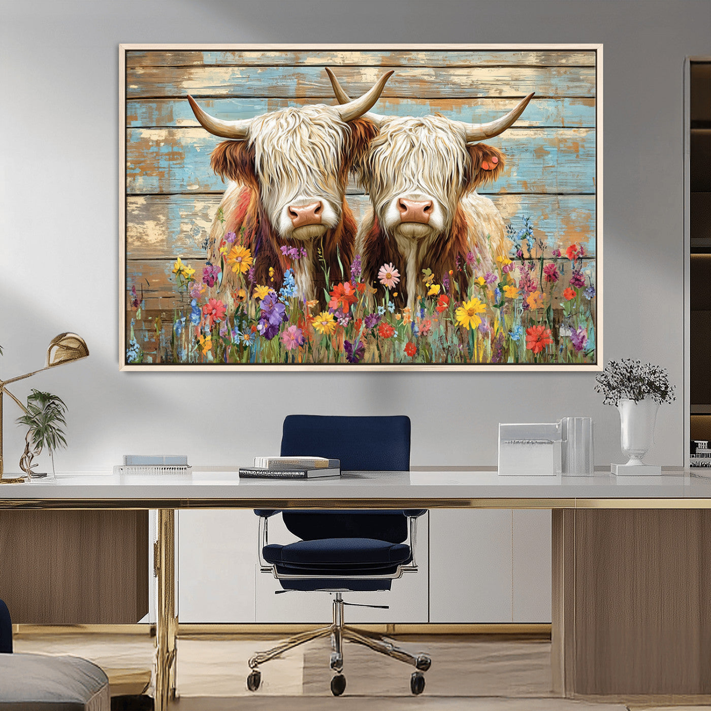36972-MGV-CV-36X24 - Cute Highland Cow Canvas Wall Art - Rustic Farmhouse Decor with Colorful Flowers Perfect Wall Art