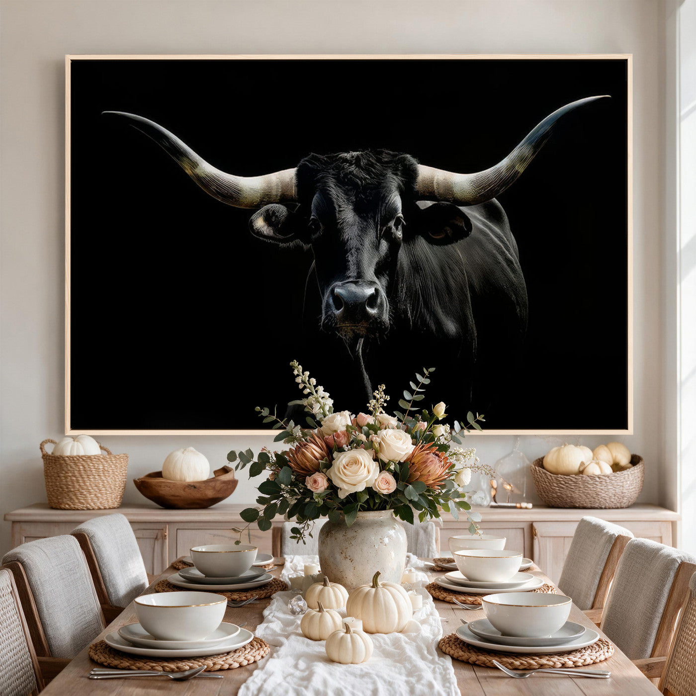 37889-MGV-CV-36X24 - Texas Longhorn Canvas Wall Art - Rustic Western Longhorn Bull Print in Brown & Black - Farmhouse Decor for Living Room, Office, or Ranch