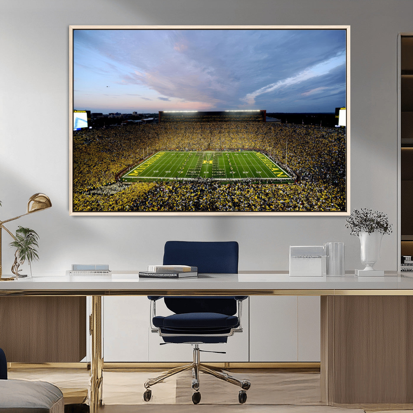 82641-MGV-FC-36X24_Natural-Michigan Stadium Wall Art Canvas Print – Framed Football Field Scene with Marching Band Artwork for Home, Office