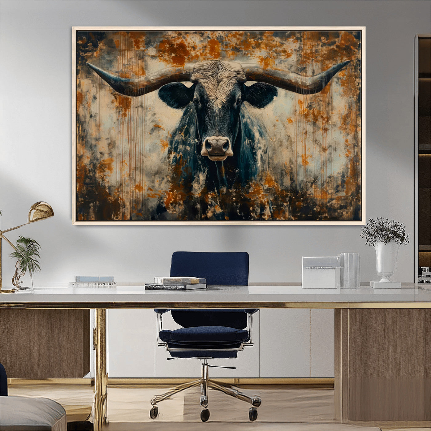 85913-MGV-FC-36X24_Natural-Longhorn Wall Art – Rustic Western Bull Canvas Print, Modern Farmhouse Animal Decor for Living Room, Office, or Ranch House