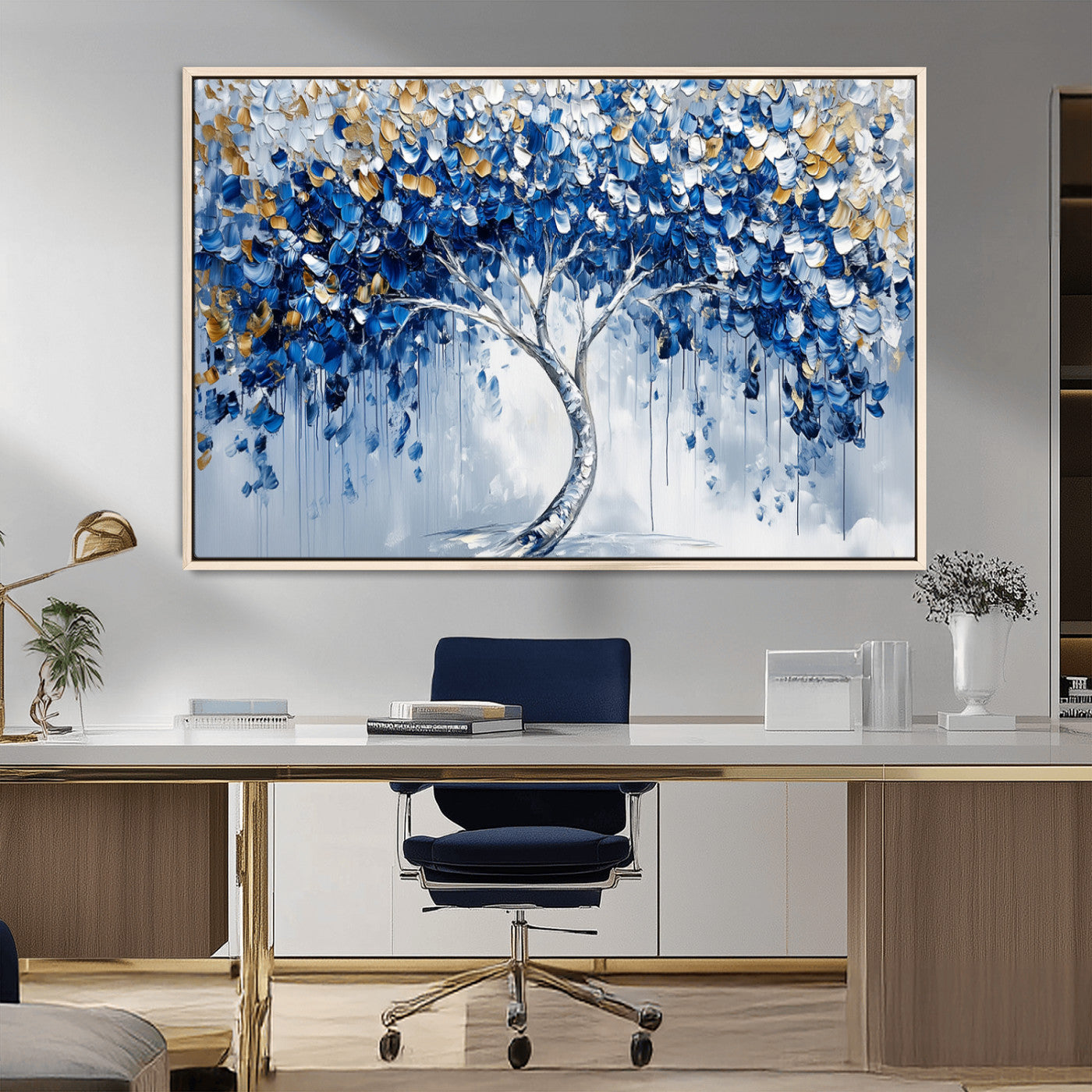 62350-MGV-FC-36X24_Natural-Blue and Gold Abstract Tree Wall Art Canvas Print | Modern Tree of Life Painting | Framed Canvas