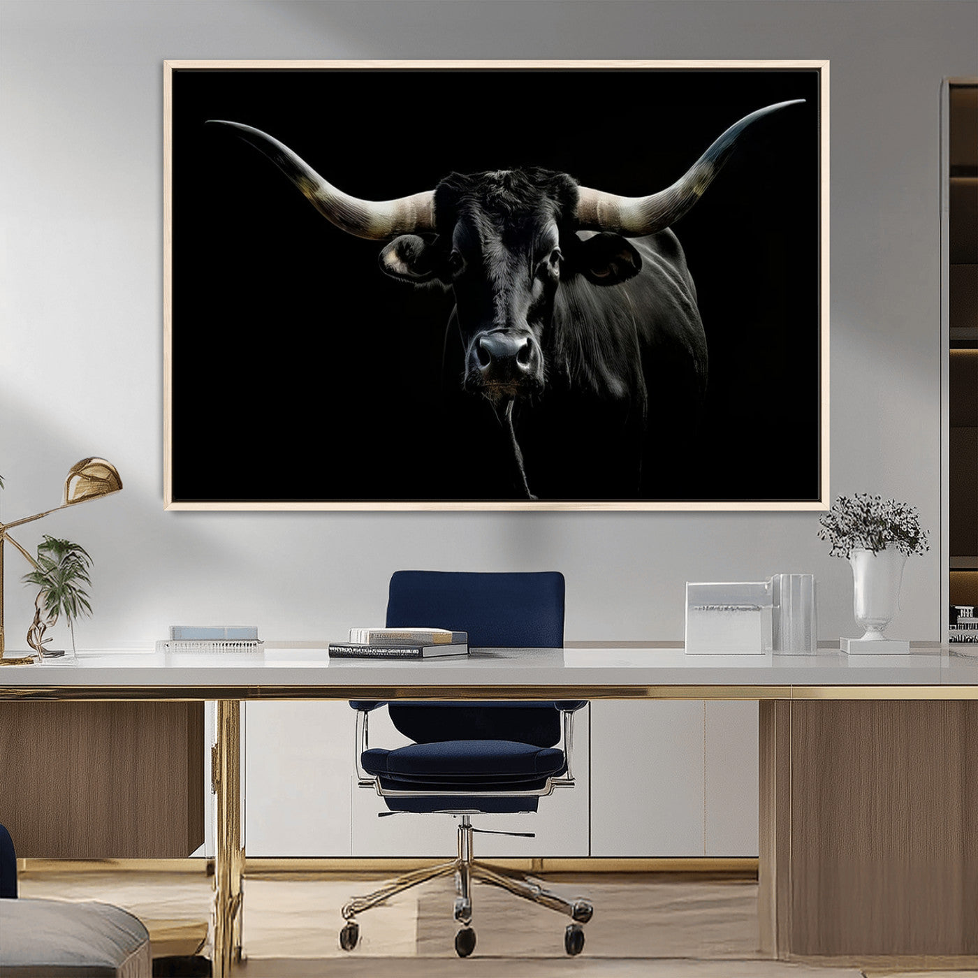 20679-MGV-FC-36X24_Natural-Texas Black Longhorn Bull Wall Art Canvas Print - Western Texas Cattle Rustic Decor Print - Longhorn
