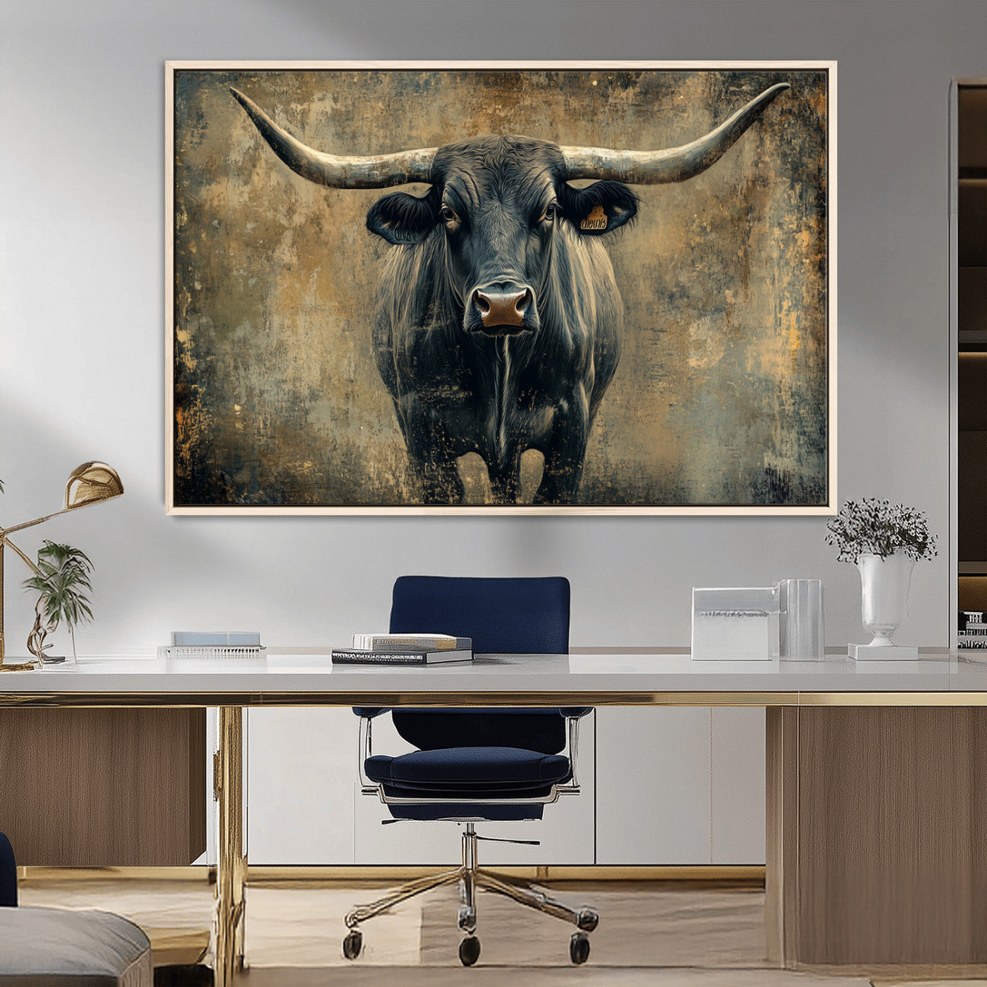 57385-MGV-CV-36X24-Texas Longhorn Bull Wall Art – Framed Rustic Cow Canvas Print, Western Farmhouse Decor Artwork for Living Room or Office