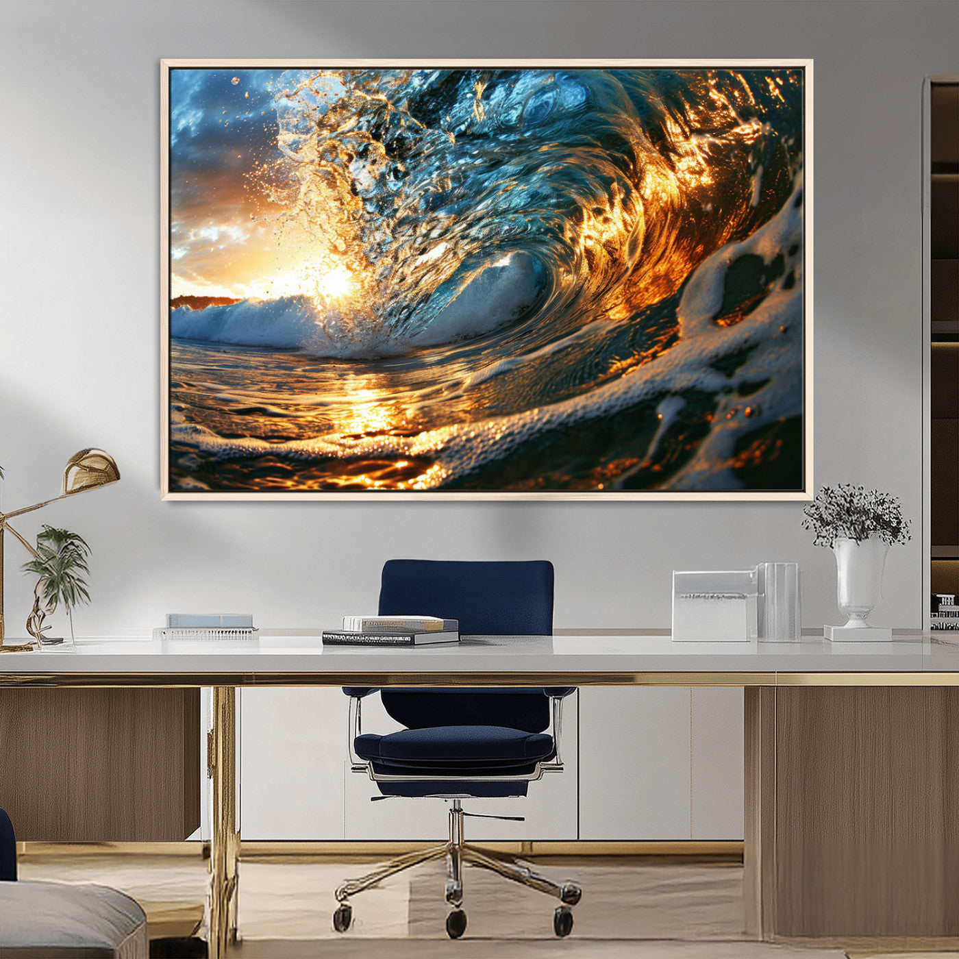 41370-MGV-CV-36X24-Ocean Wave at Sunset Canvas Wall Art – Vibrant Coastal Beach Waves Print, Large Nautical Decor,