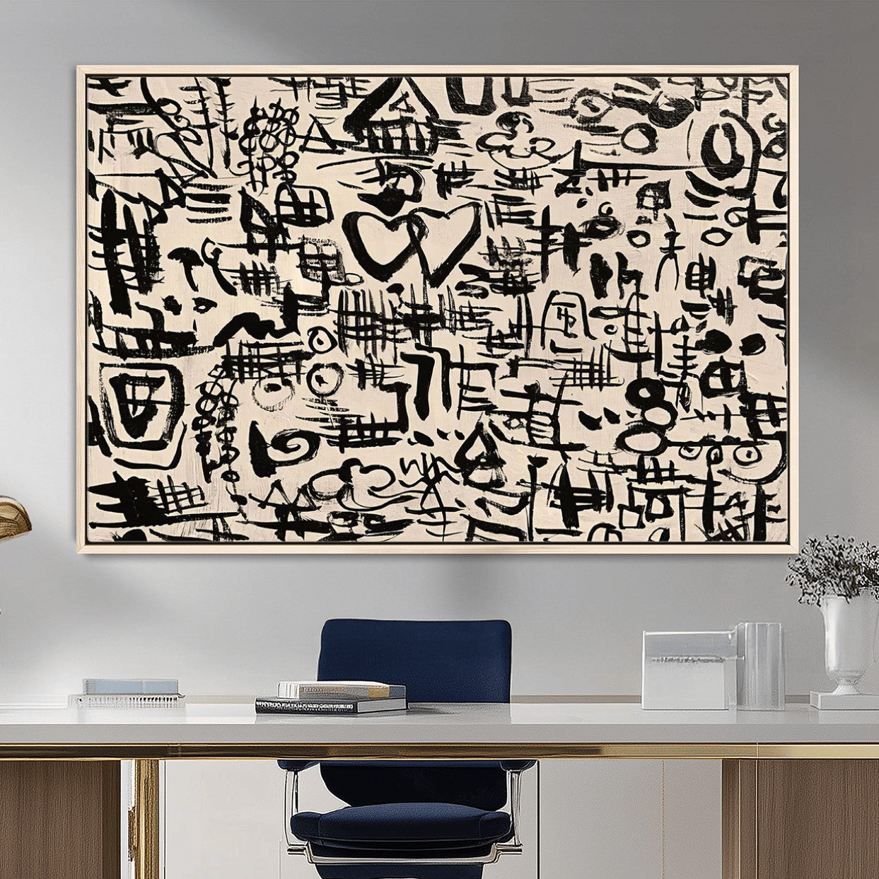 68273-MGV-FC-36X24 - Abstract Love and Chaos Canvas Print, Black Symbols on Beige